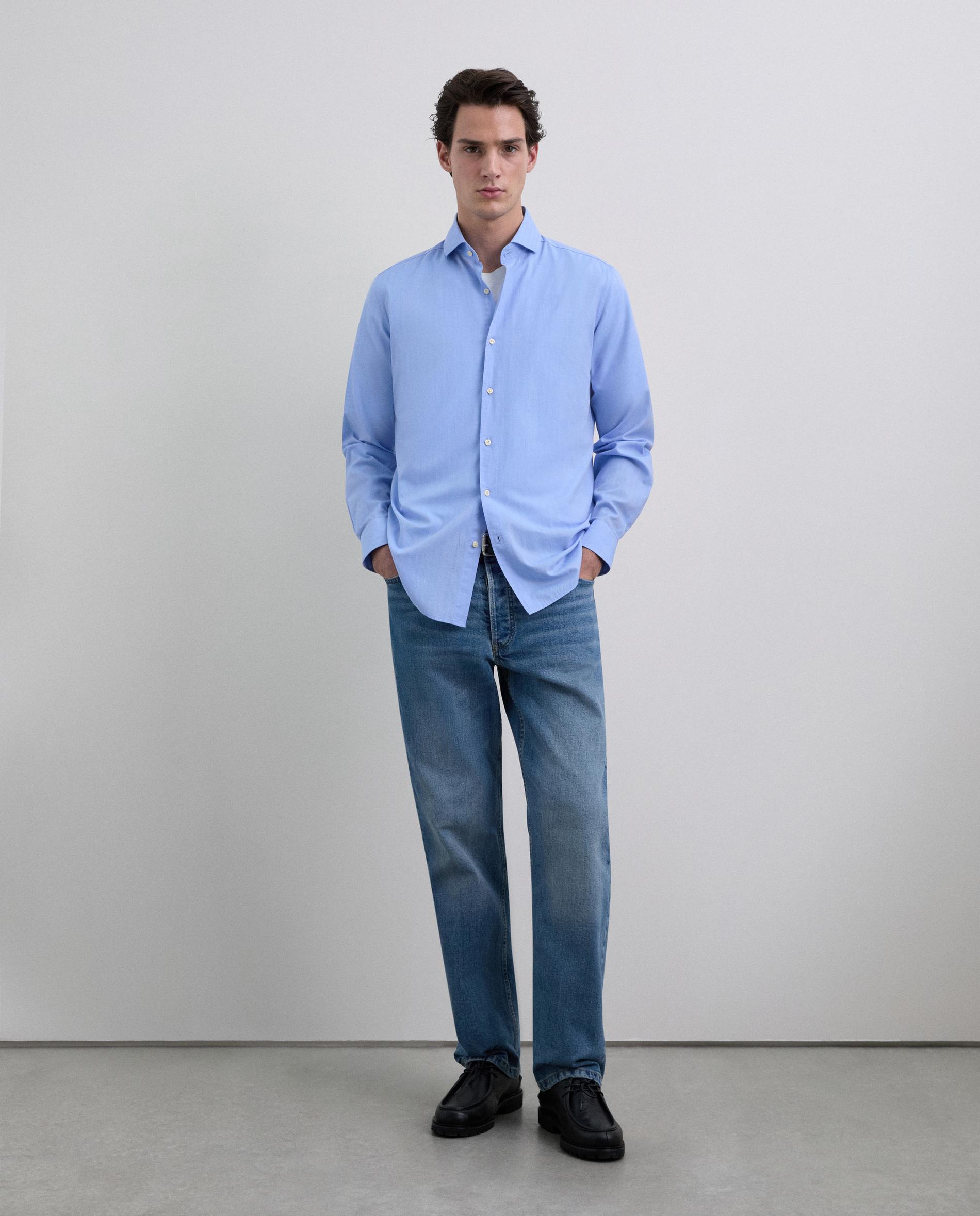 Camisa Formal de Manga Comprida em Algodão Azul-2