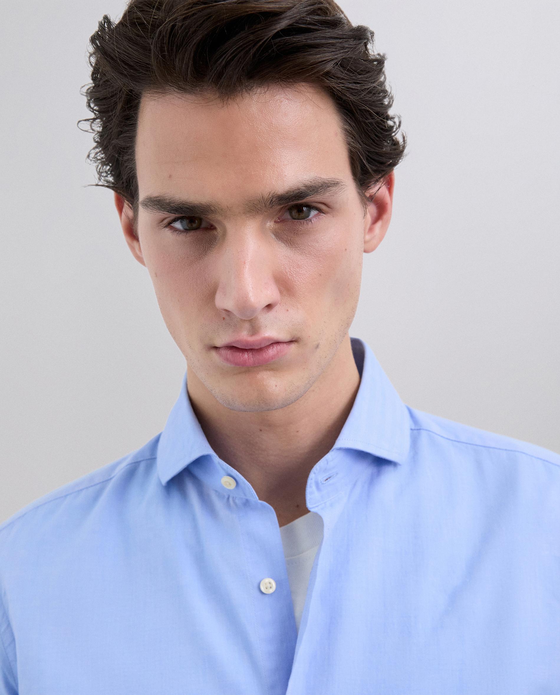 Camisa Formal de Manga Comprida em Algodão Azul-4