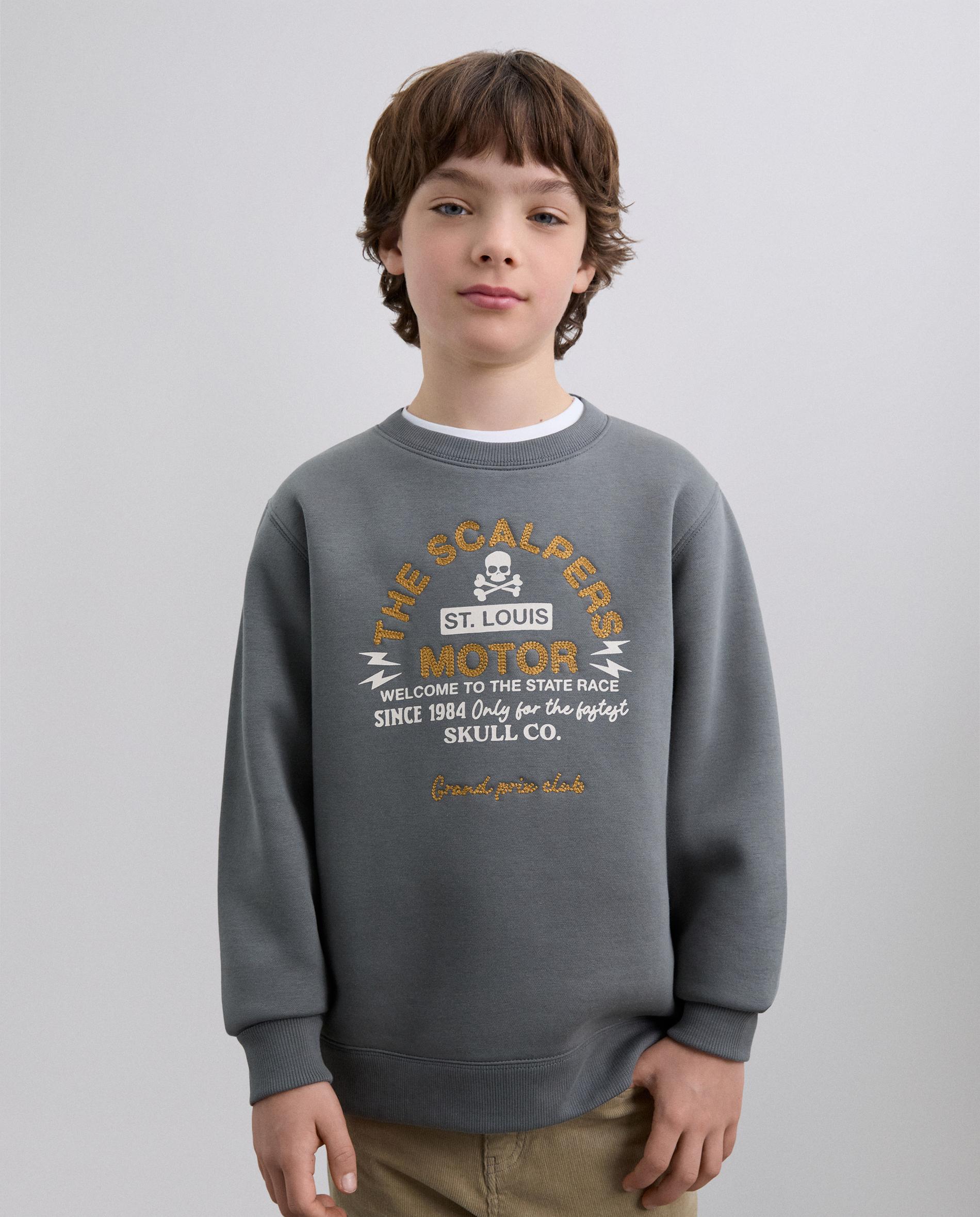 Sweatshirt sem Capuz Infantil com Estampado Frontal Scalpers Cinzento-escuro-1