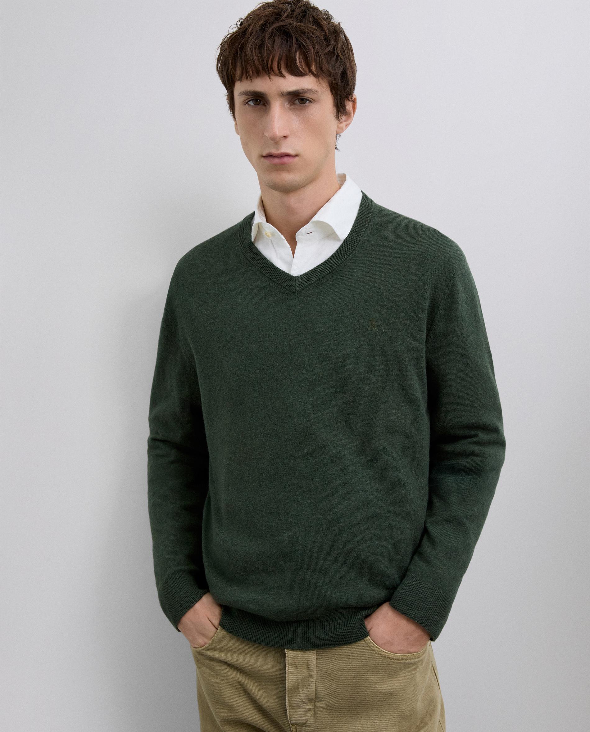 Camisola Lisa com Gola em V Verde-militar-1