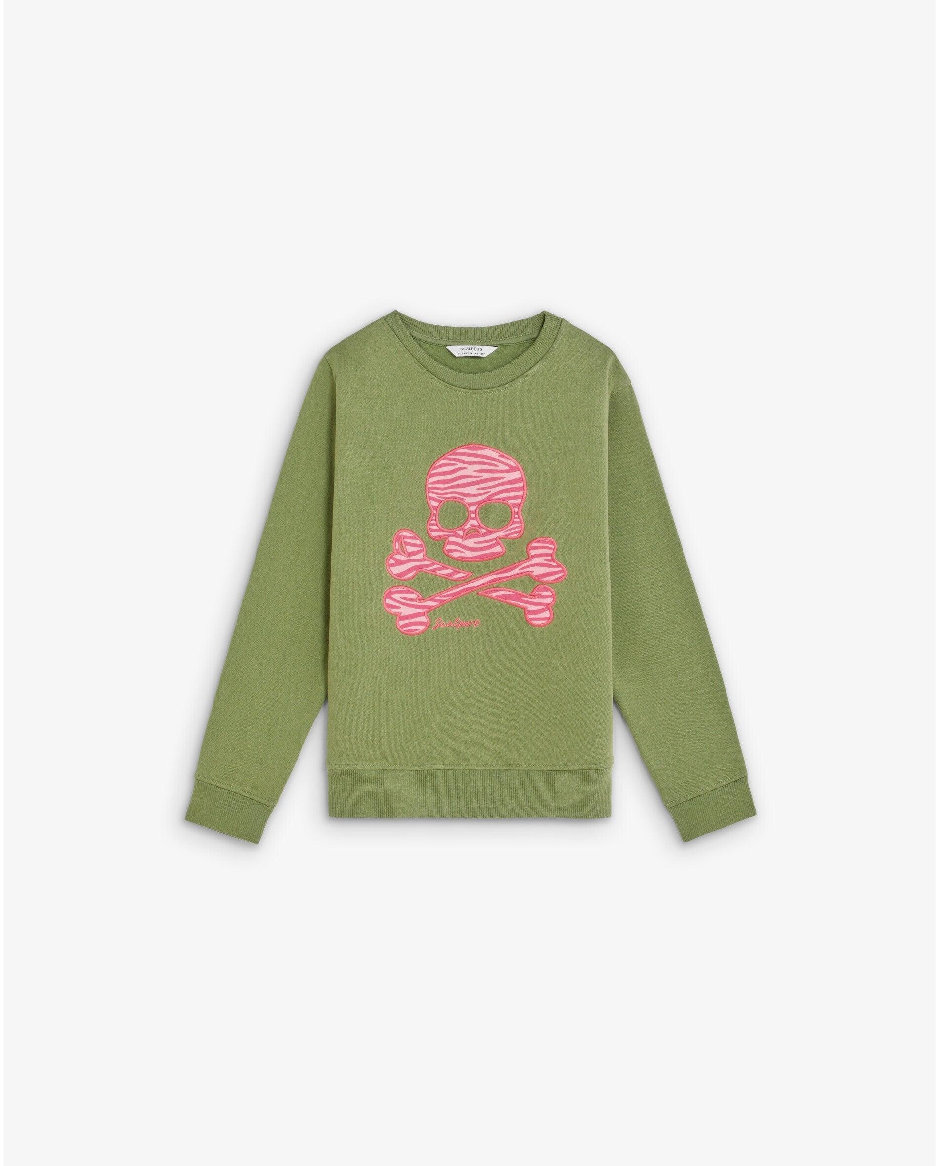 Sweatshirt Infantil com Gola Redonda e Caveira Estampada Scalpers Verde Azeitona-3