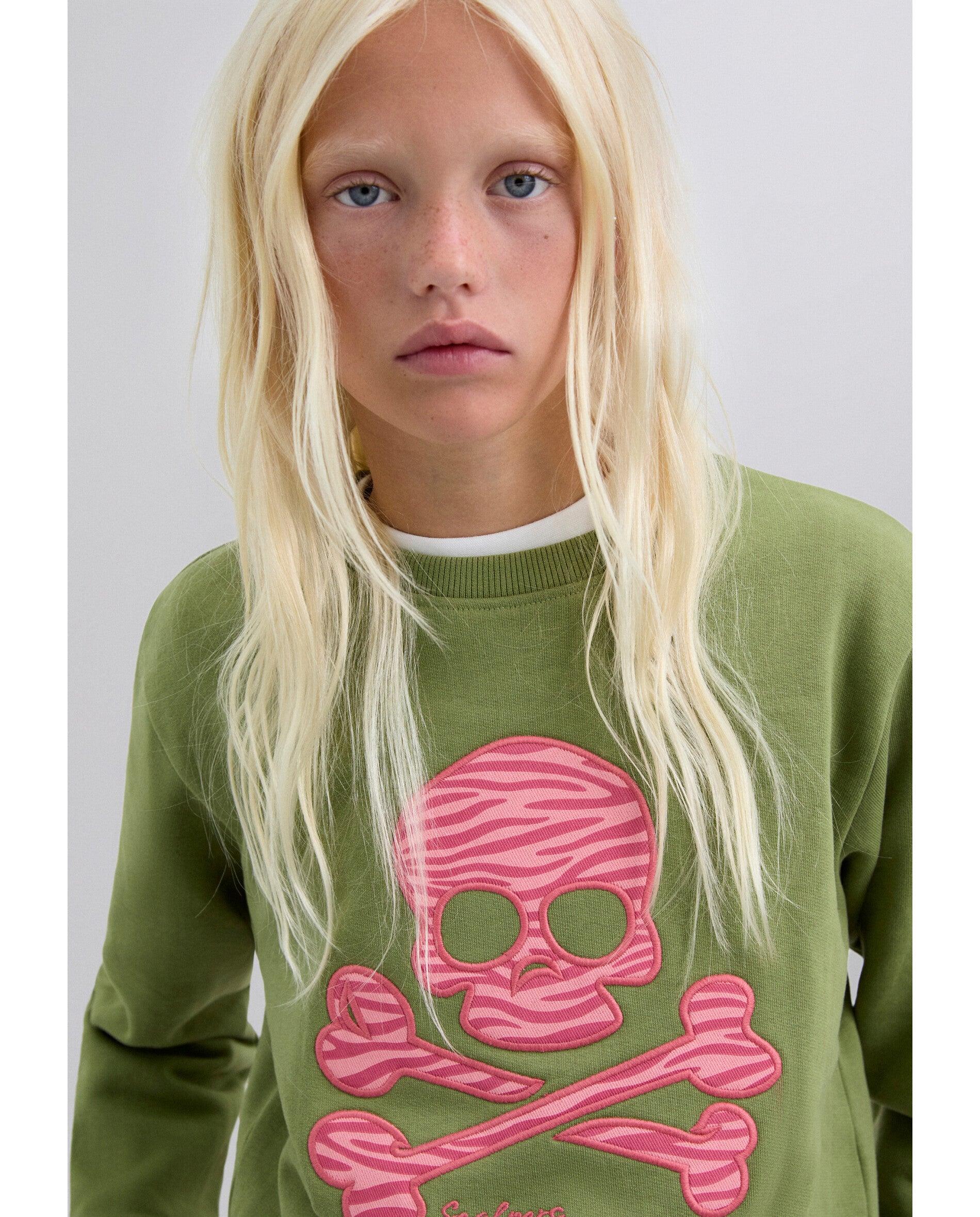 Sweatshirt Infantil com Gola Redonda e Caveira Estampada Scalpers Verde Azeitona-5