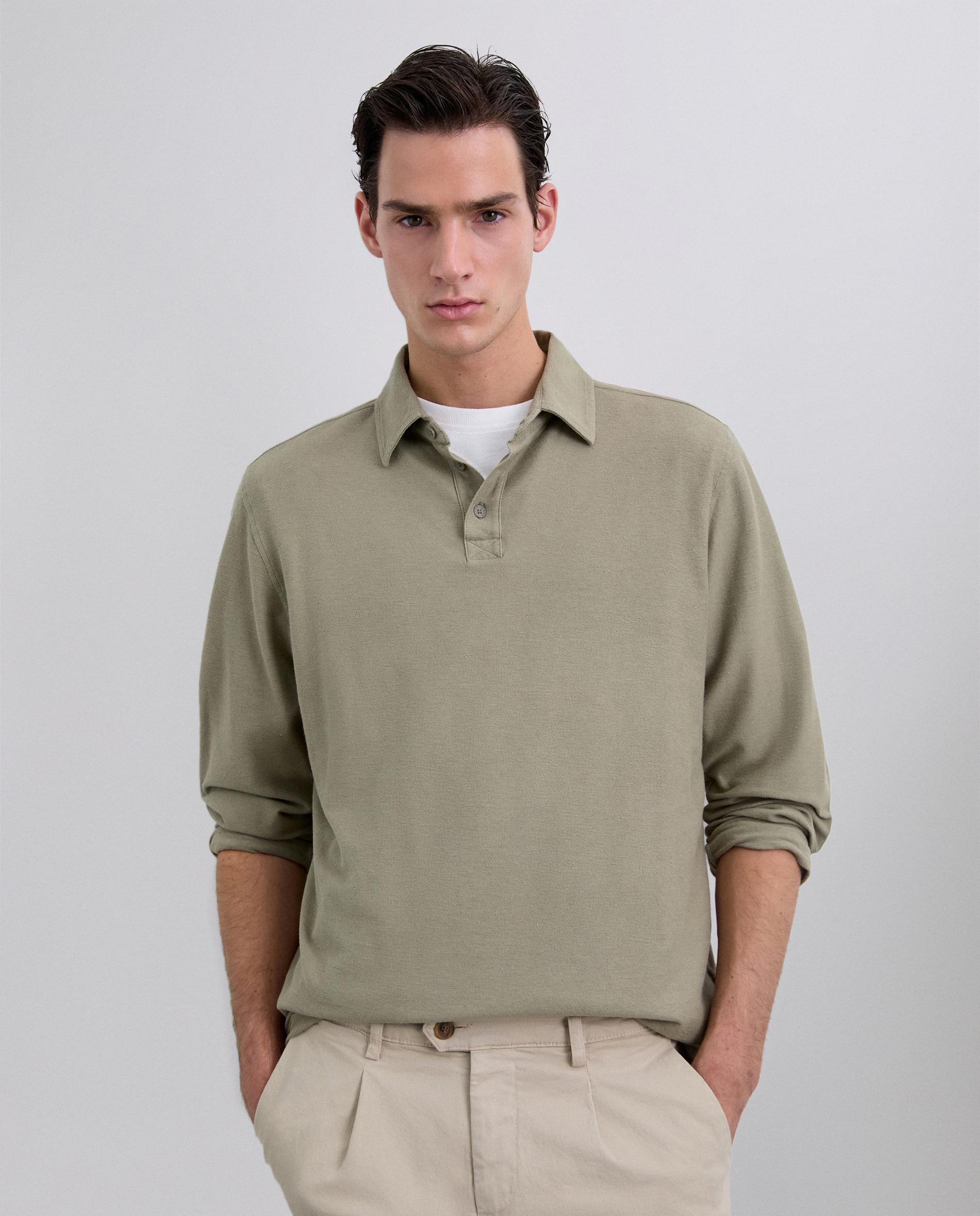 Polo de Manga Comprida Regular Fit em Mescla de Tecidos Caqui-1