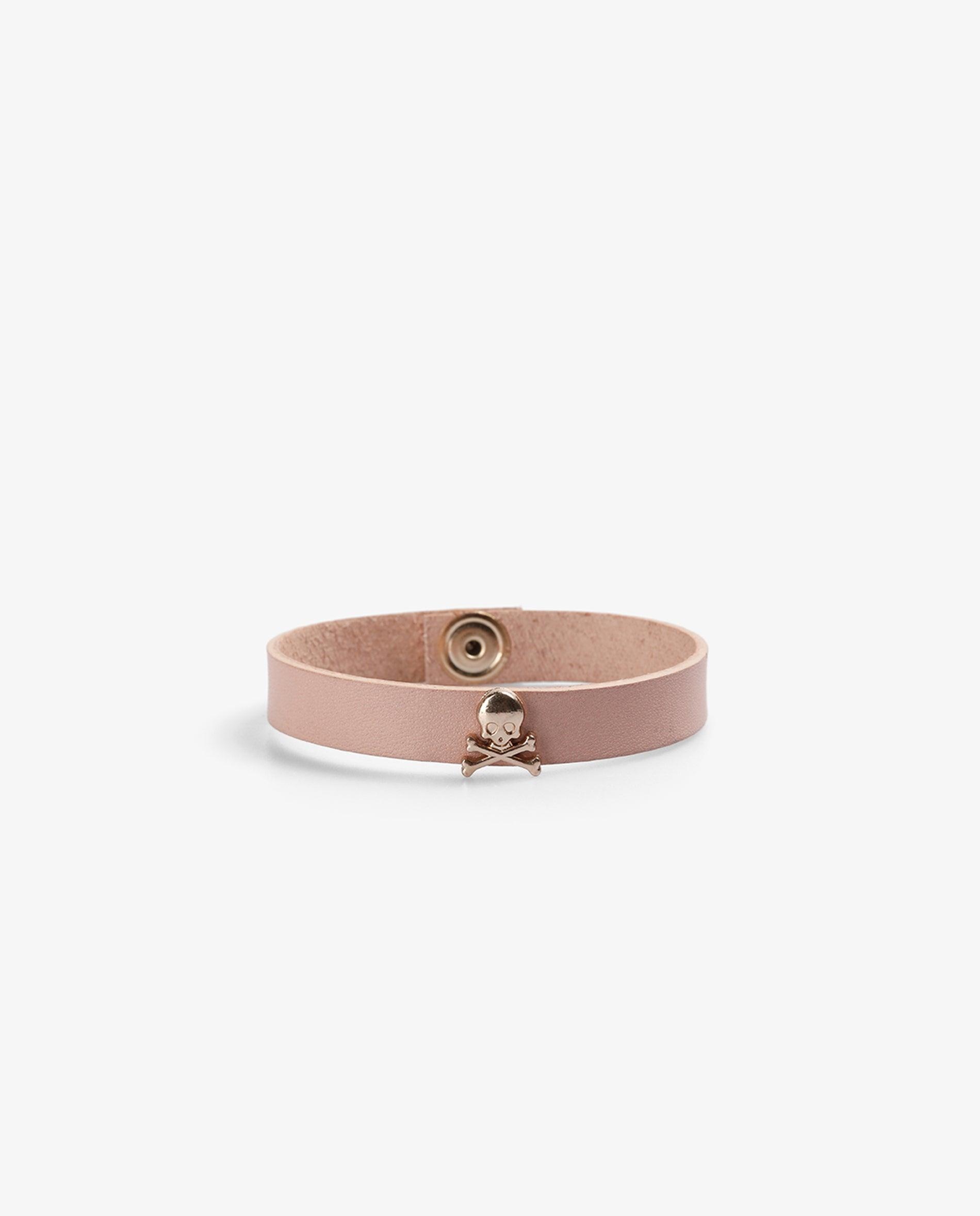 Pulseira de Pele com Caveira Metálica Rosa-claro-1