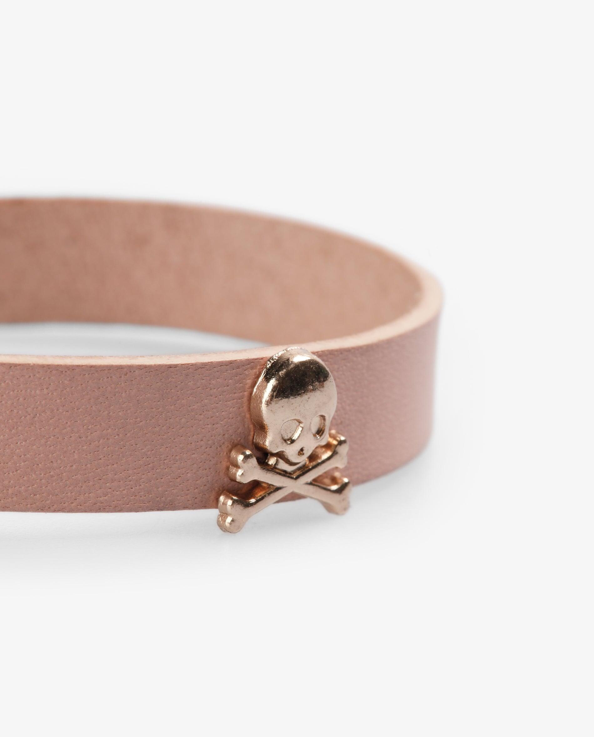 Pulseira de Pele com Caveira Metálica Rosa-claro-2