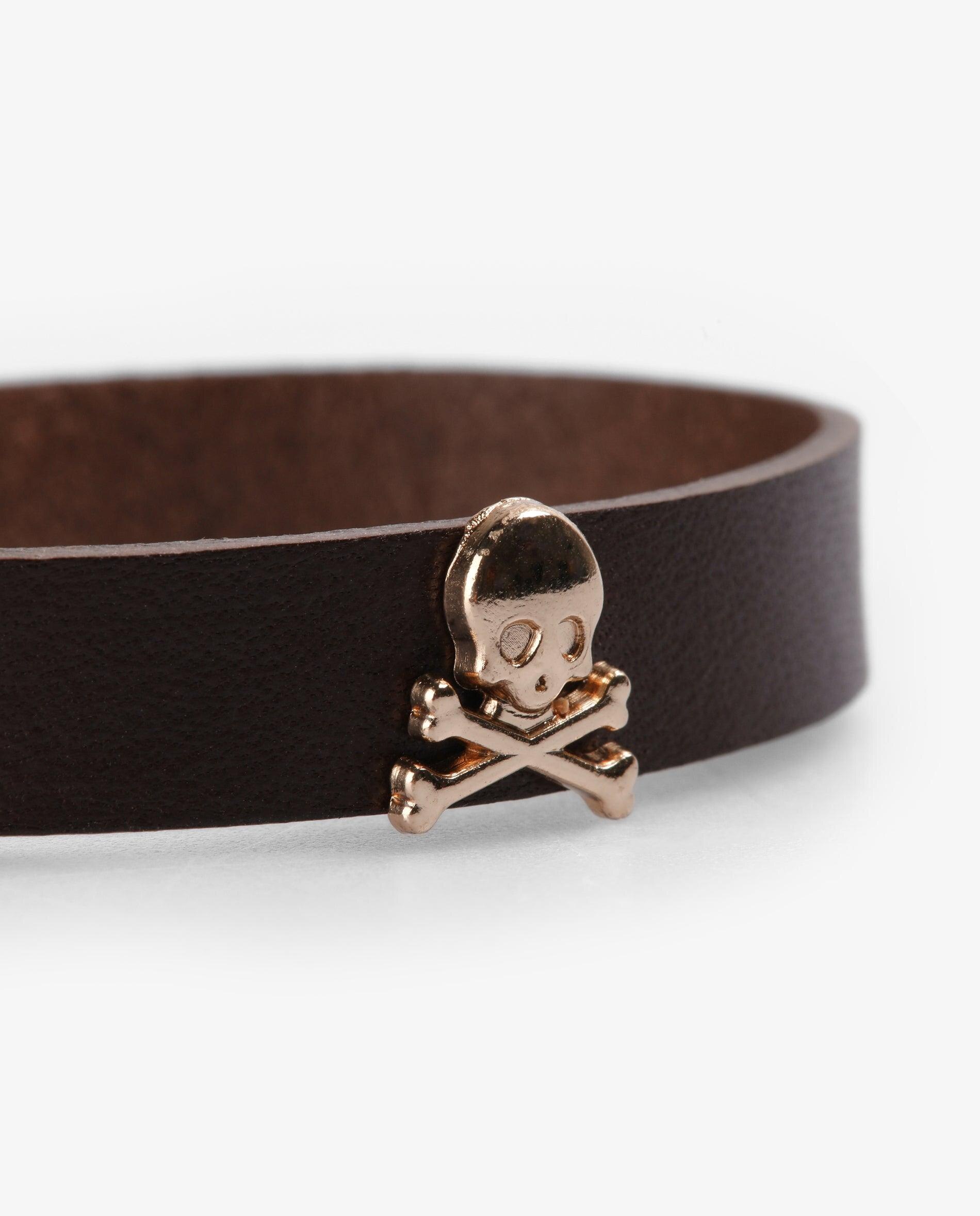 Pulseira de Pele com Caveira Metálica Castanho-escuro-2