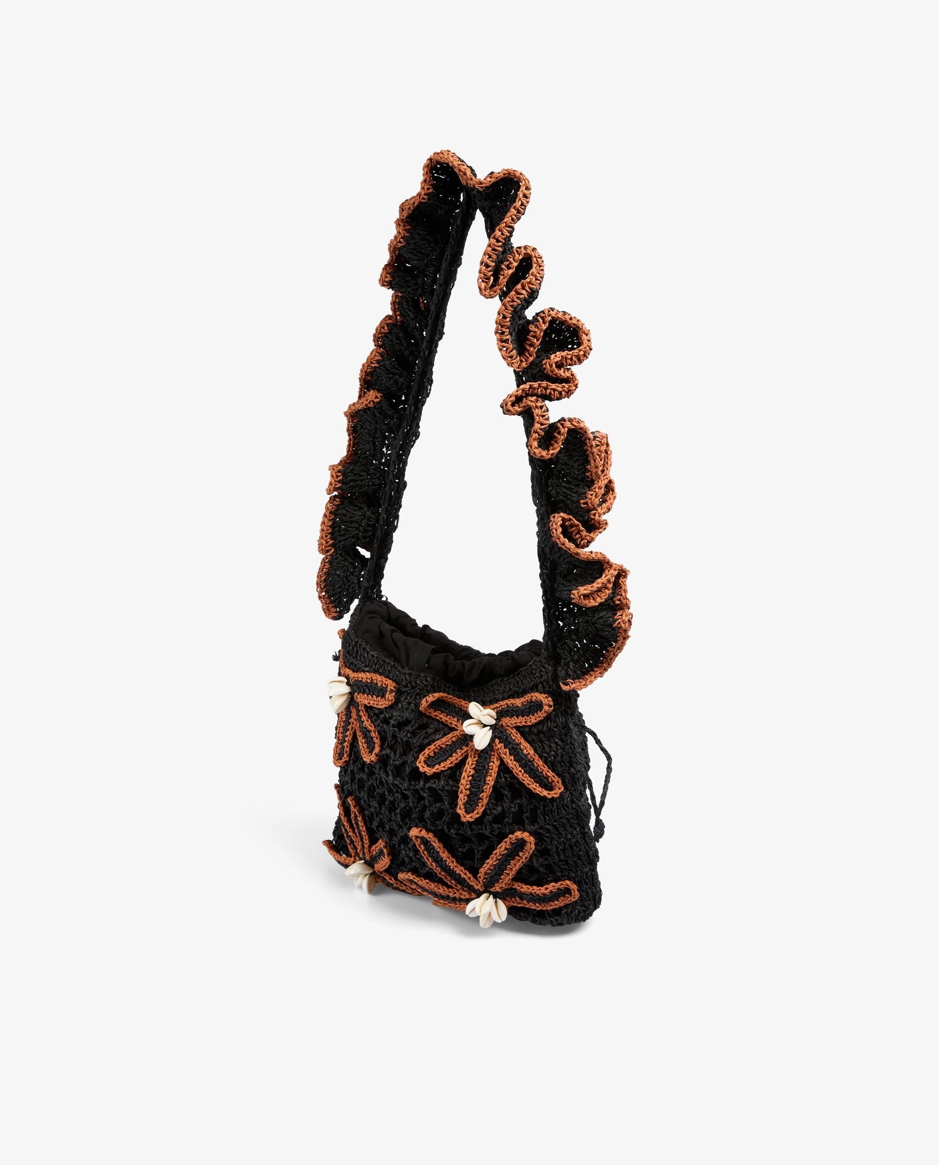 Mala de Mão em Ráfia com Flores e Conchas Decorativas Preto / Natural-3