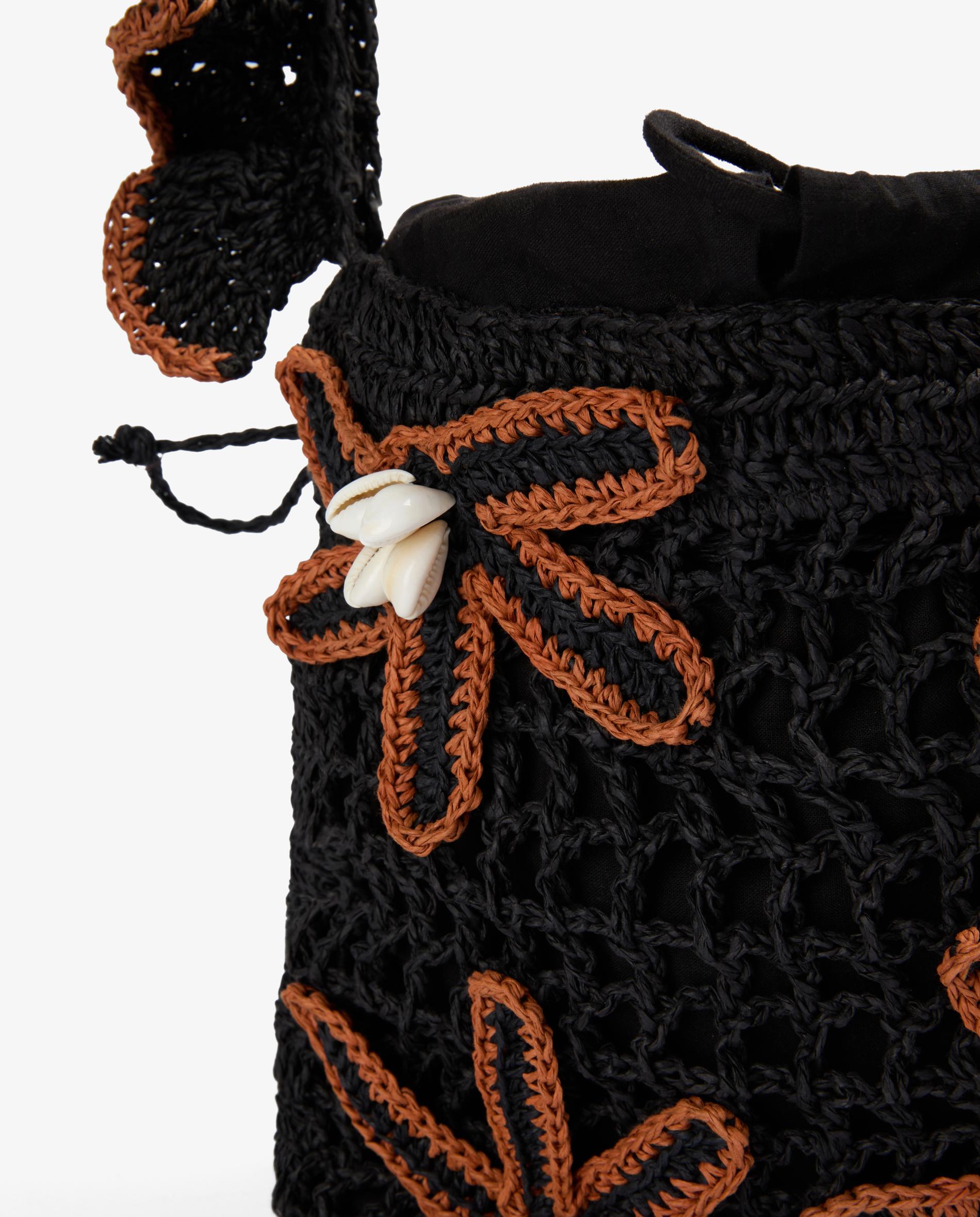 Mala de Mão em Ráfia com Flores e Conchas Decorativas Preto / Natural-5