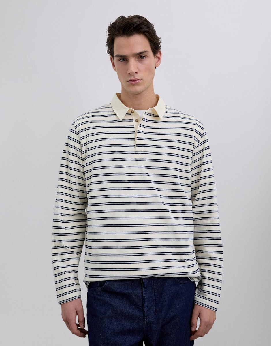 Polo de Manga Comprida com Gola de Sarja em Contraste Azul-1