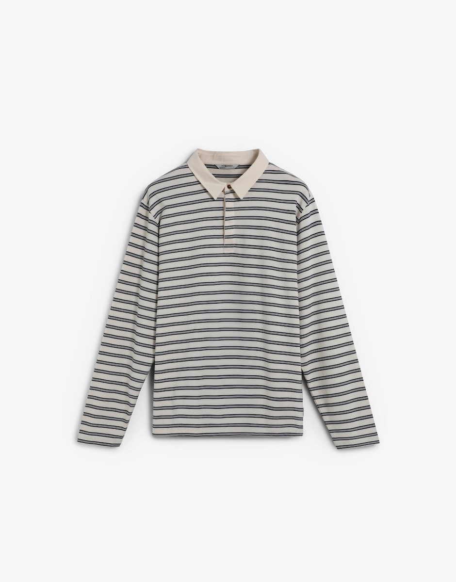 Polo de Manga Comprida com Gola de Sarja em Contraste Azul-5