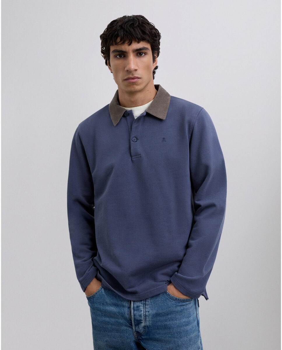 Polo com Gola de Bombazina em Contraste e Fecho Por Botões Azul-1