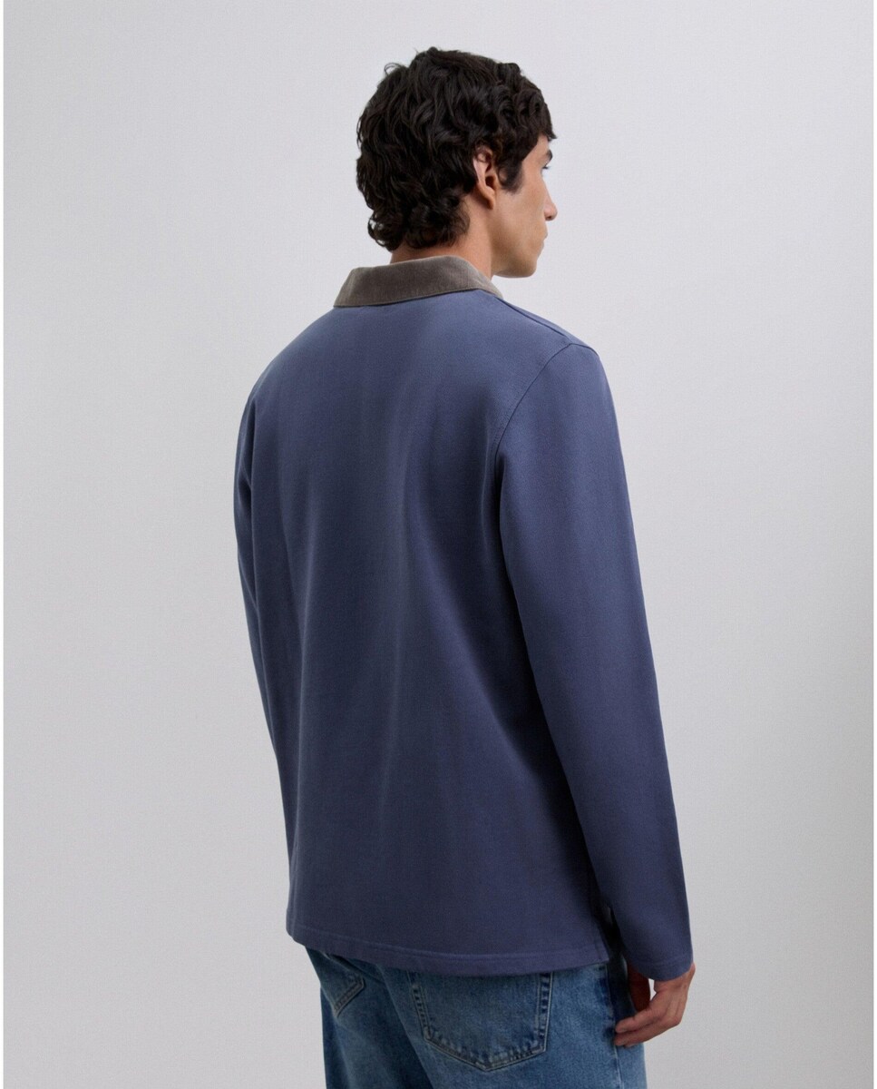 Polo com Gola de Bombazina em Contraste e Fecho Por Botões Azul-2