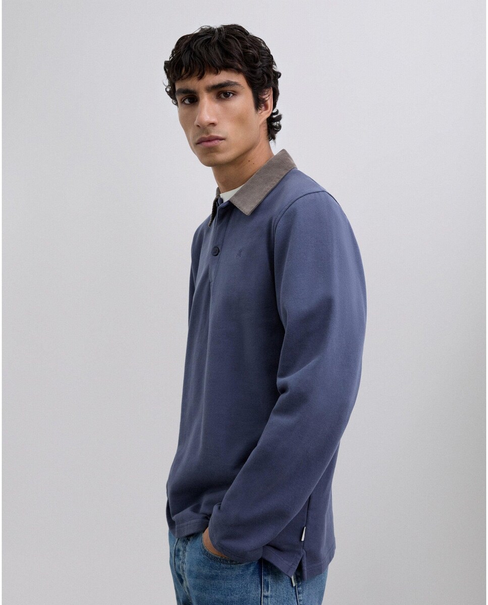 Polo com Gola de Bombazina em Contraste e Fecho Por Botões Azul-3