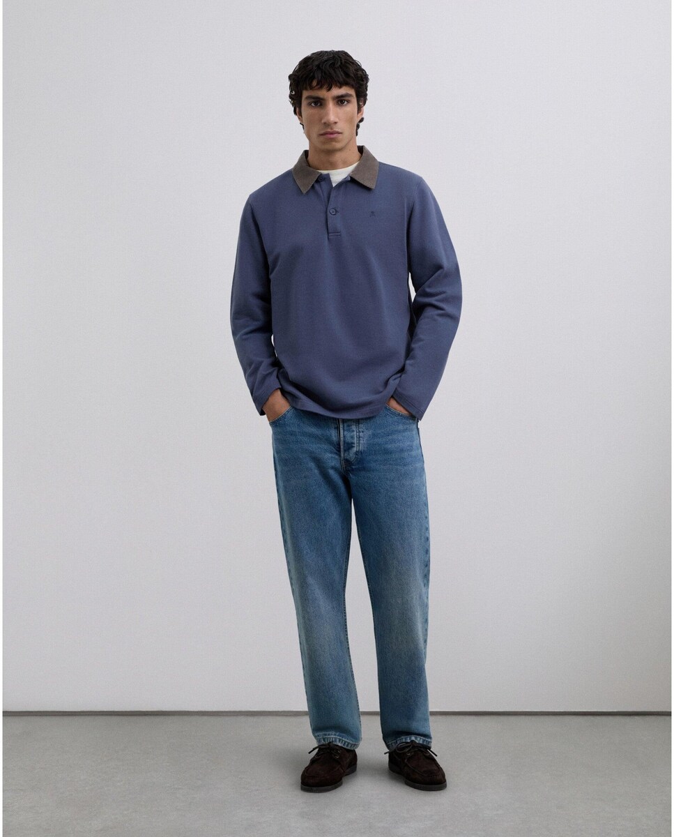 Polo com Gola de Bombazina em Contraste e Fecho Por Botões Azul-4