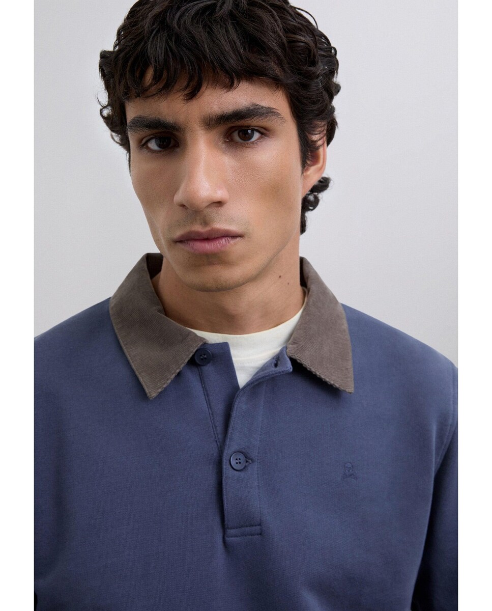 Polo com Gola de Bombazina em Contraste e Fecho Por Botões Azul-5