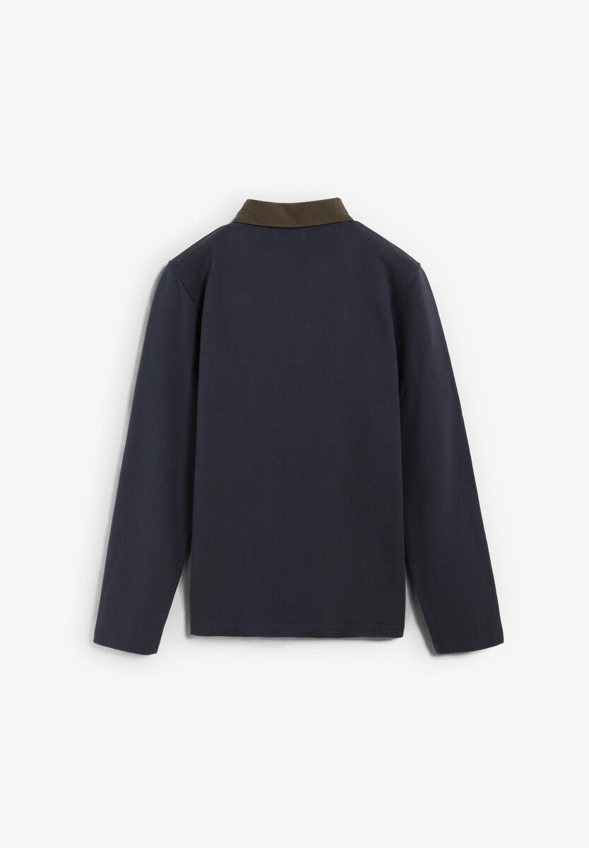 Polo com Gola de Bombazina em Contraste e Fecho Por Botões Azul-7