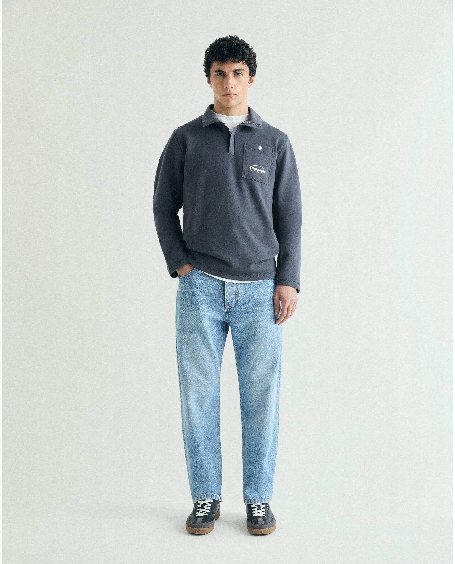 Sweatshirt sem Capuz com Gola Polo e Logo Posterior Navy-3
