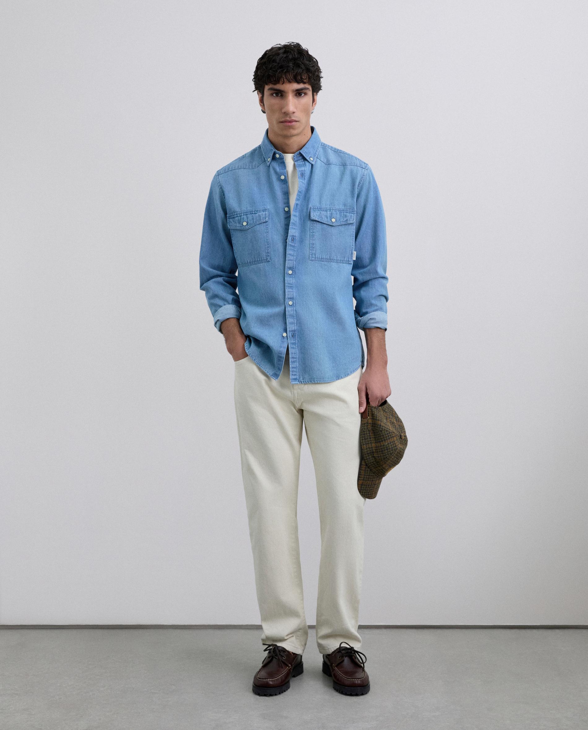 Camisa Jeans Regular Fit com Bolsos no Peito Azul-claro-3