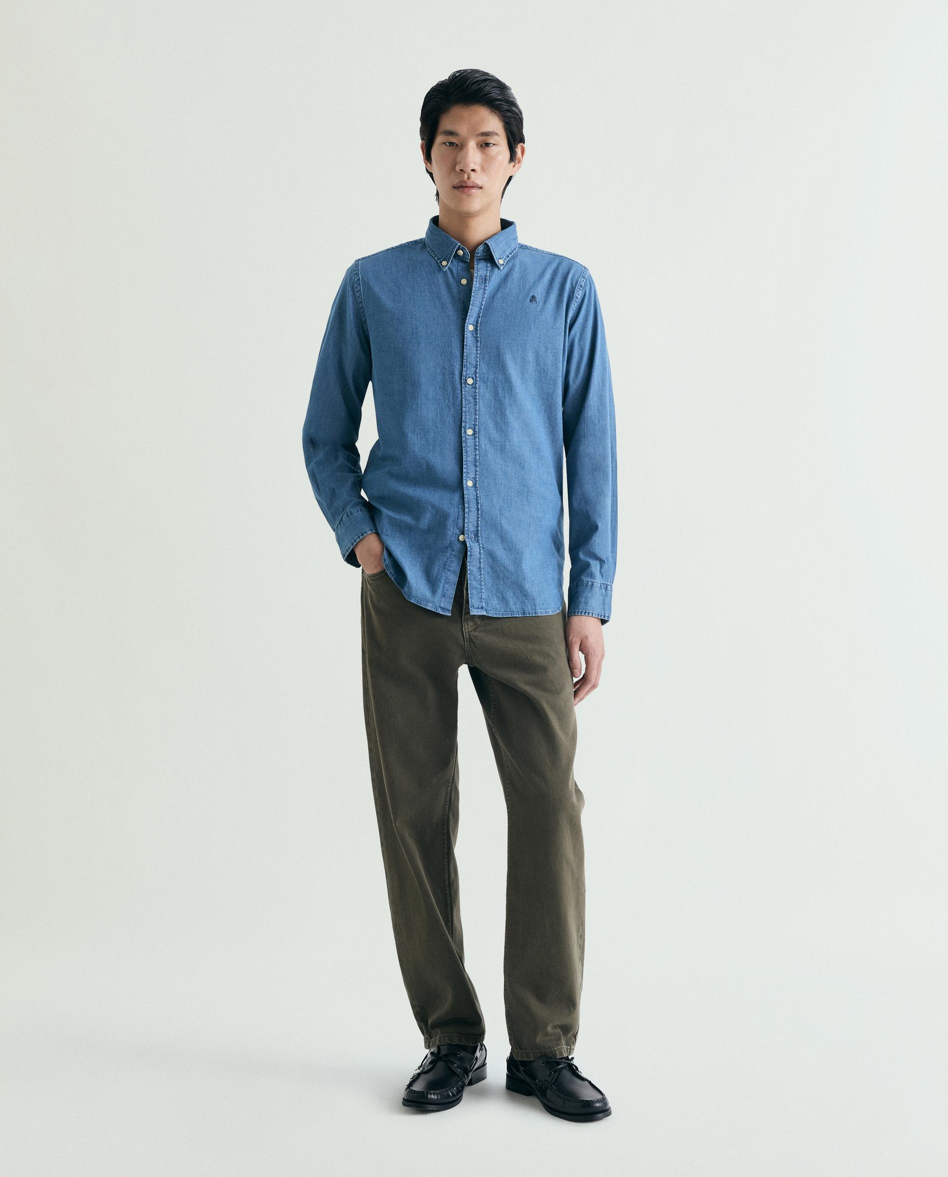 Camisa de Ganga Regular Lisa Azul-escuro-3