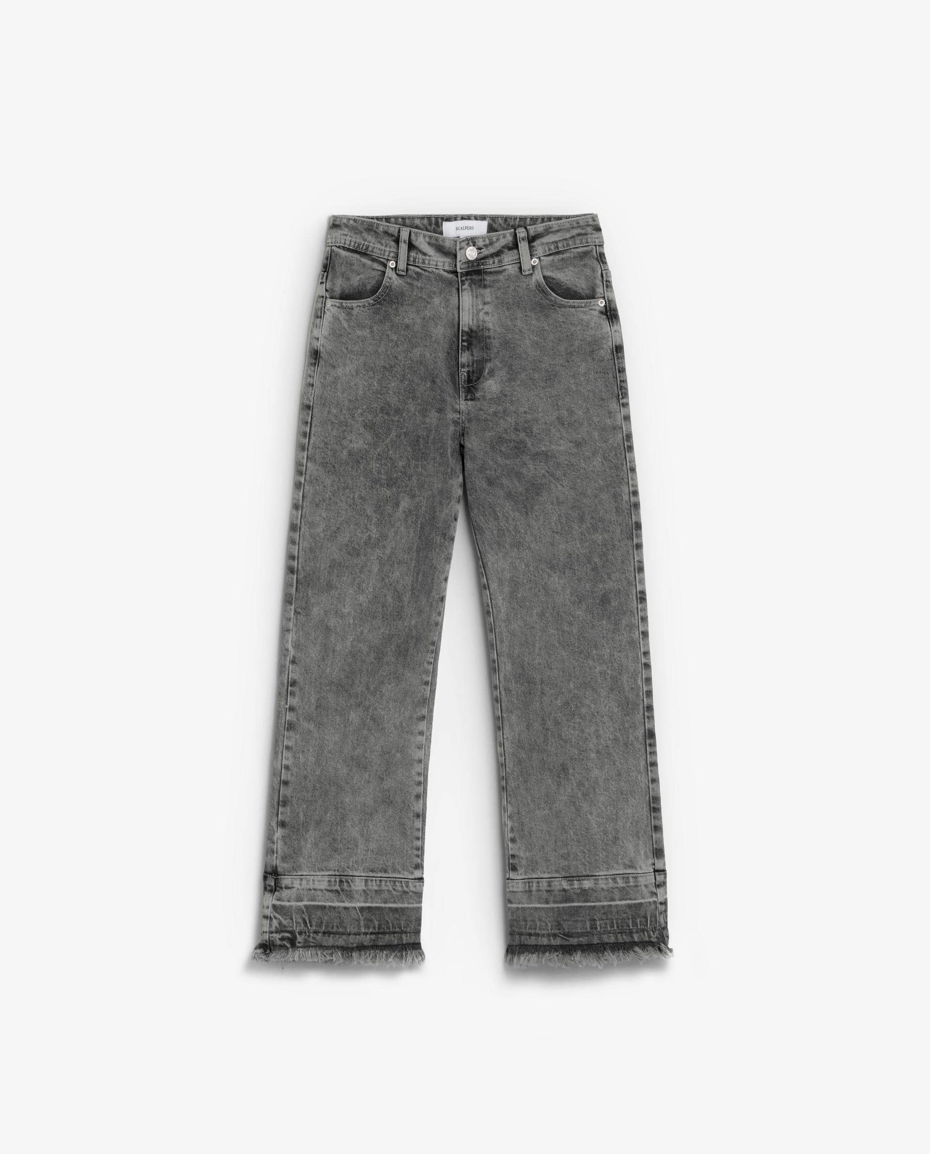 Jeans com Corte a Direito Cropped com Bainha Desfiada Cinzento-6