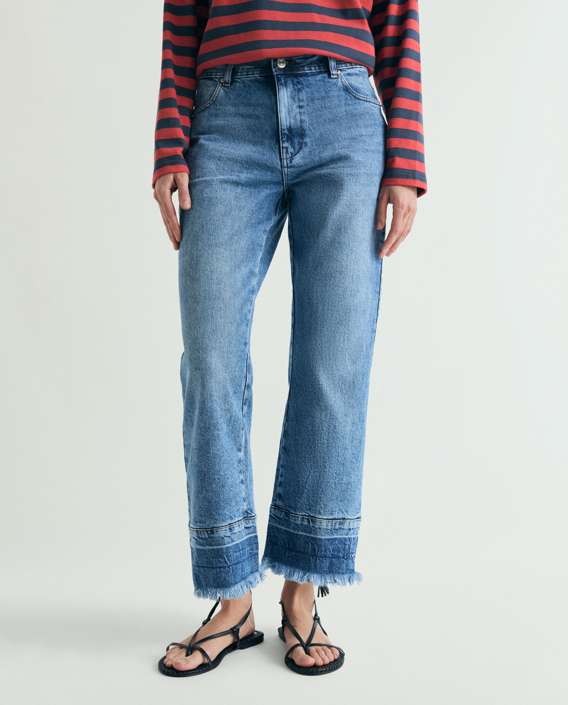 Jeans com Corte a Direito Ligeiramente Elásticos com Bainha Desfiada Índigo-2