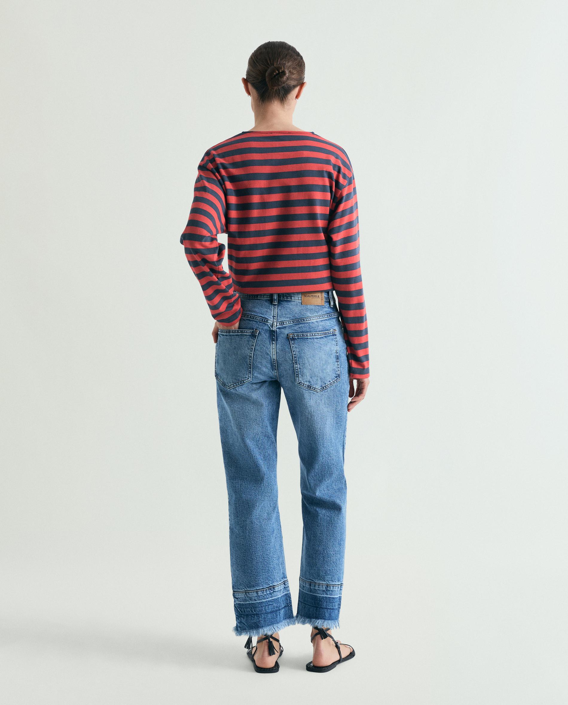 Jeans com Corte a Direito Ligeiramente Elásticos com Bainha Desfiada Índigo-3