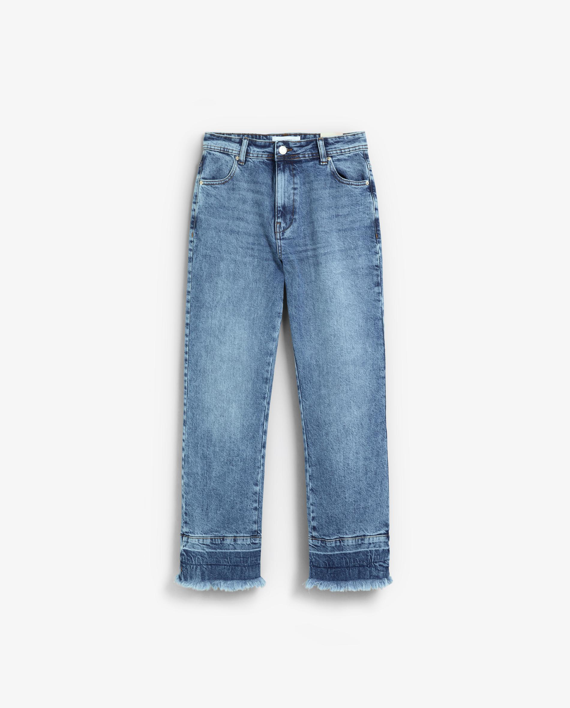 Jeans com Corte a Direito Ligeiramente Elásticos com Bainha Desfiada Índigo-5
