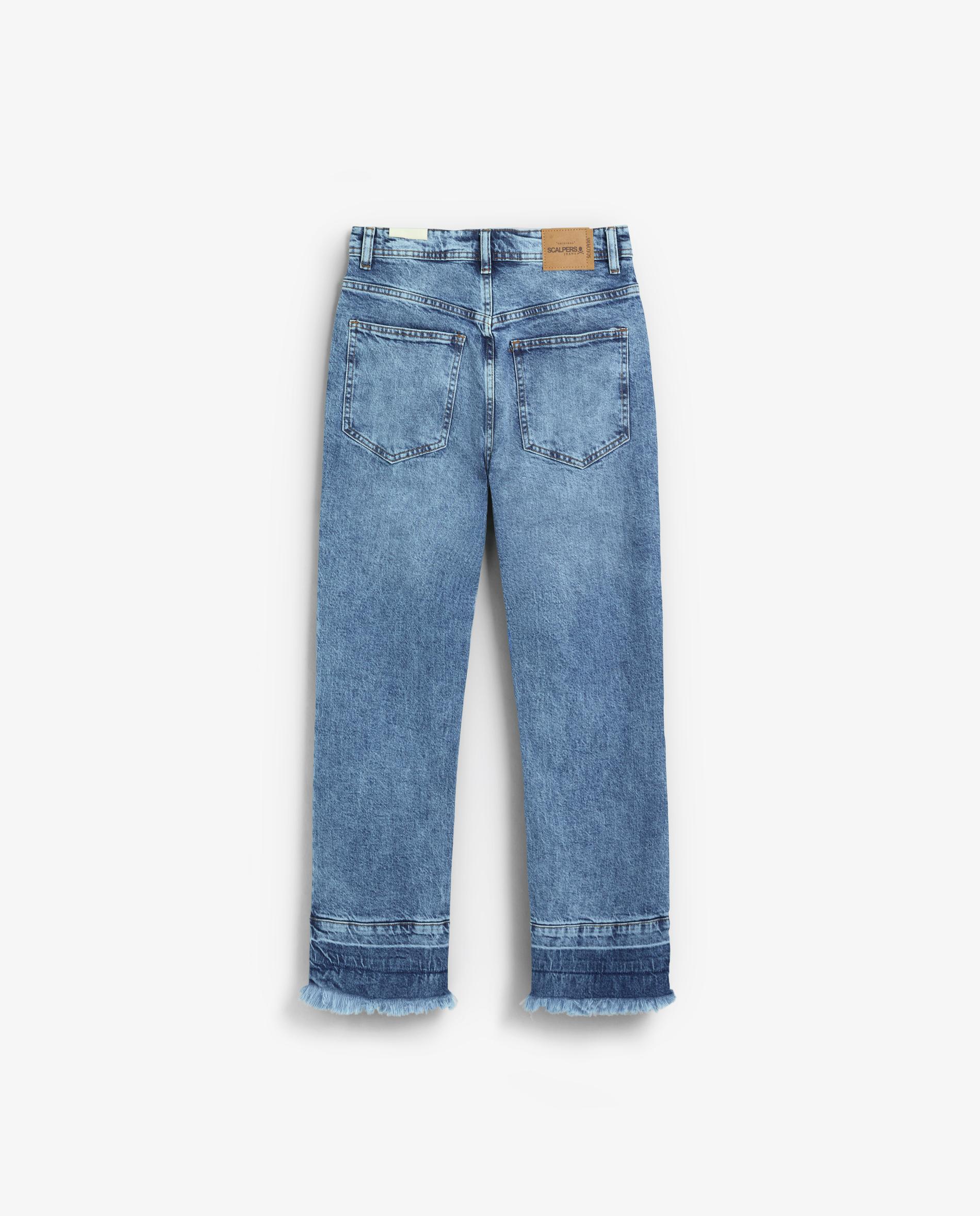Jeans com Corte a Direito Ligeiramente Elásticos com Bainha Desfiada Índigo-6