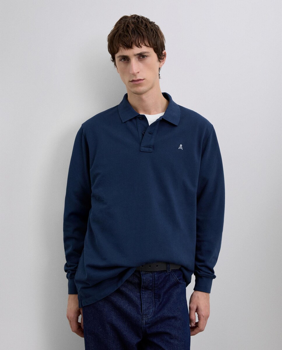 Polo Confecionado em Algodão 100% de Manga Comprida e Punhos Elásticos Azul-1