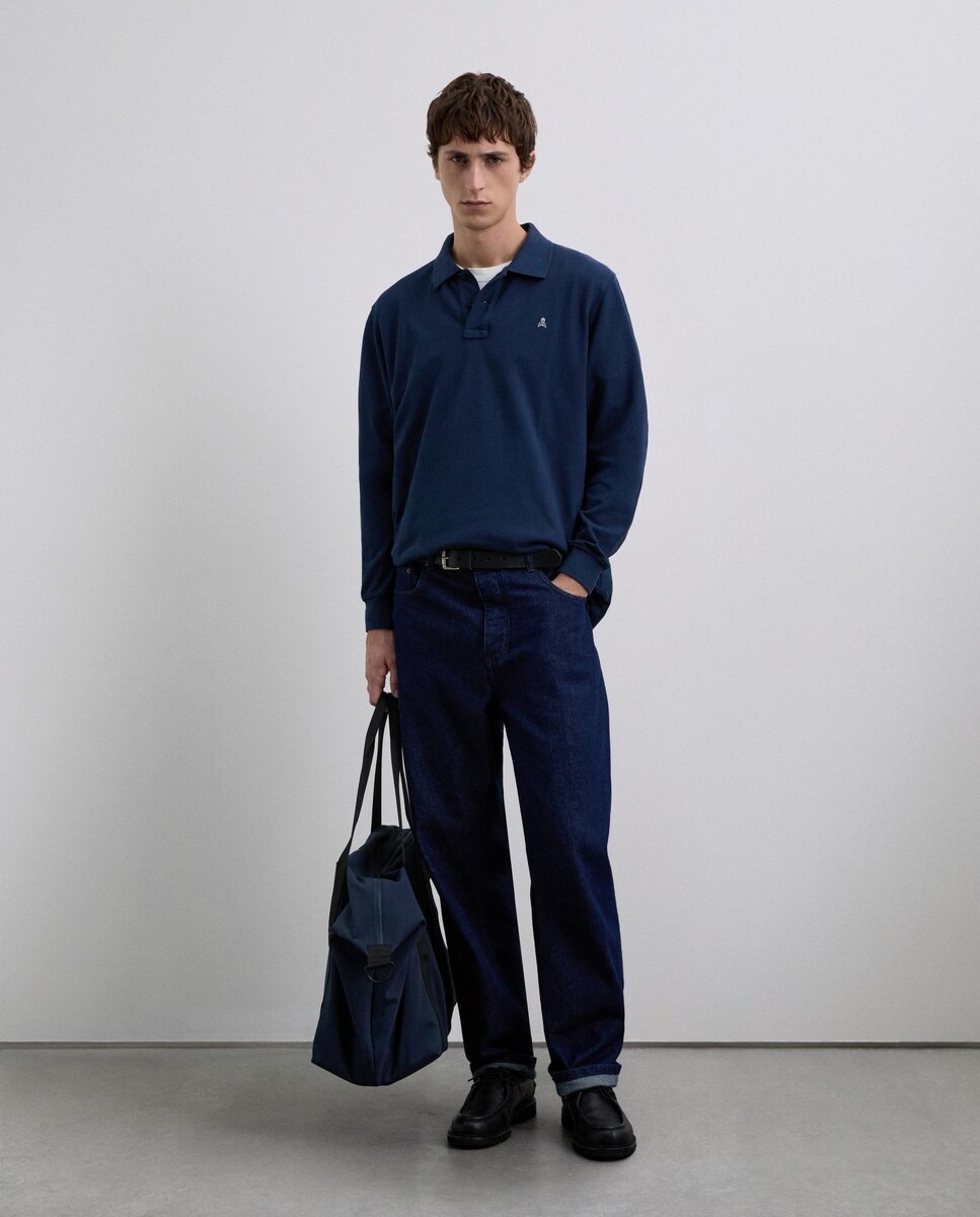 Polo Confecionado em Algodão 100% de Manga Comprida e Punhos Elásticos Azul-3