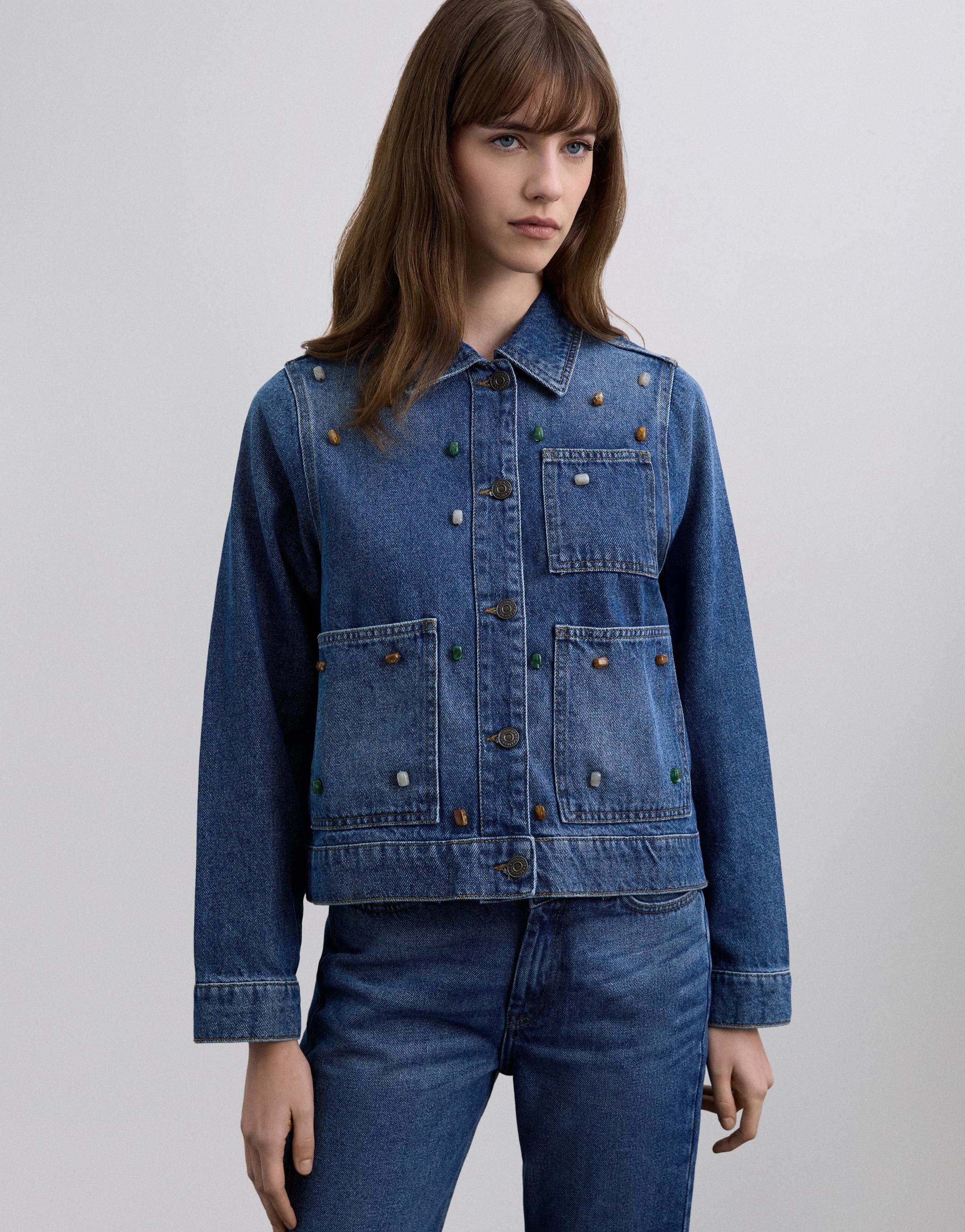 Blusão Jeans com Corte a Direito e Pedraria Azul-índigo-1