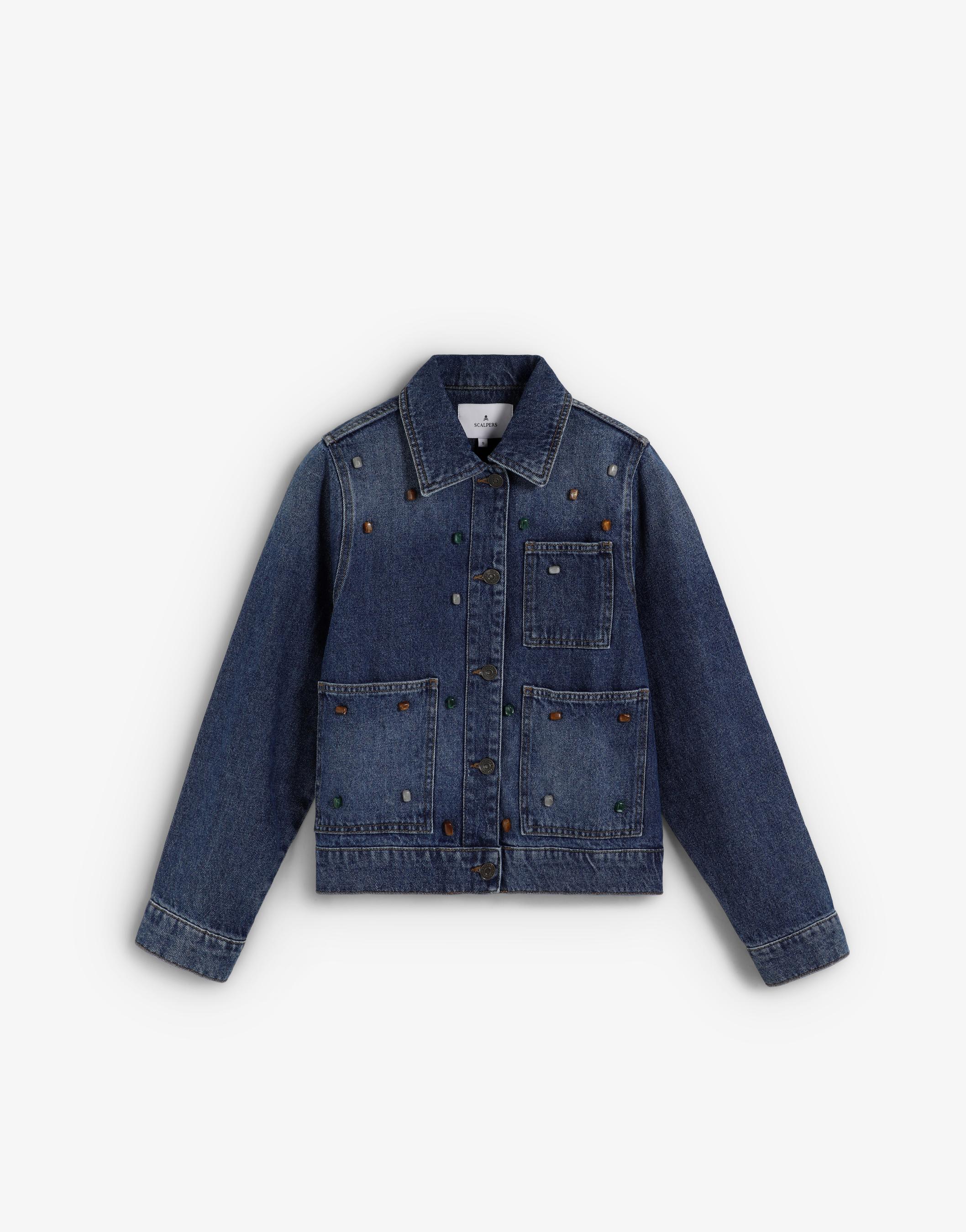 Blusão Jeans com Corte a Direito e Pedraria Azul-índigo-5
