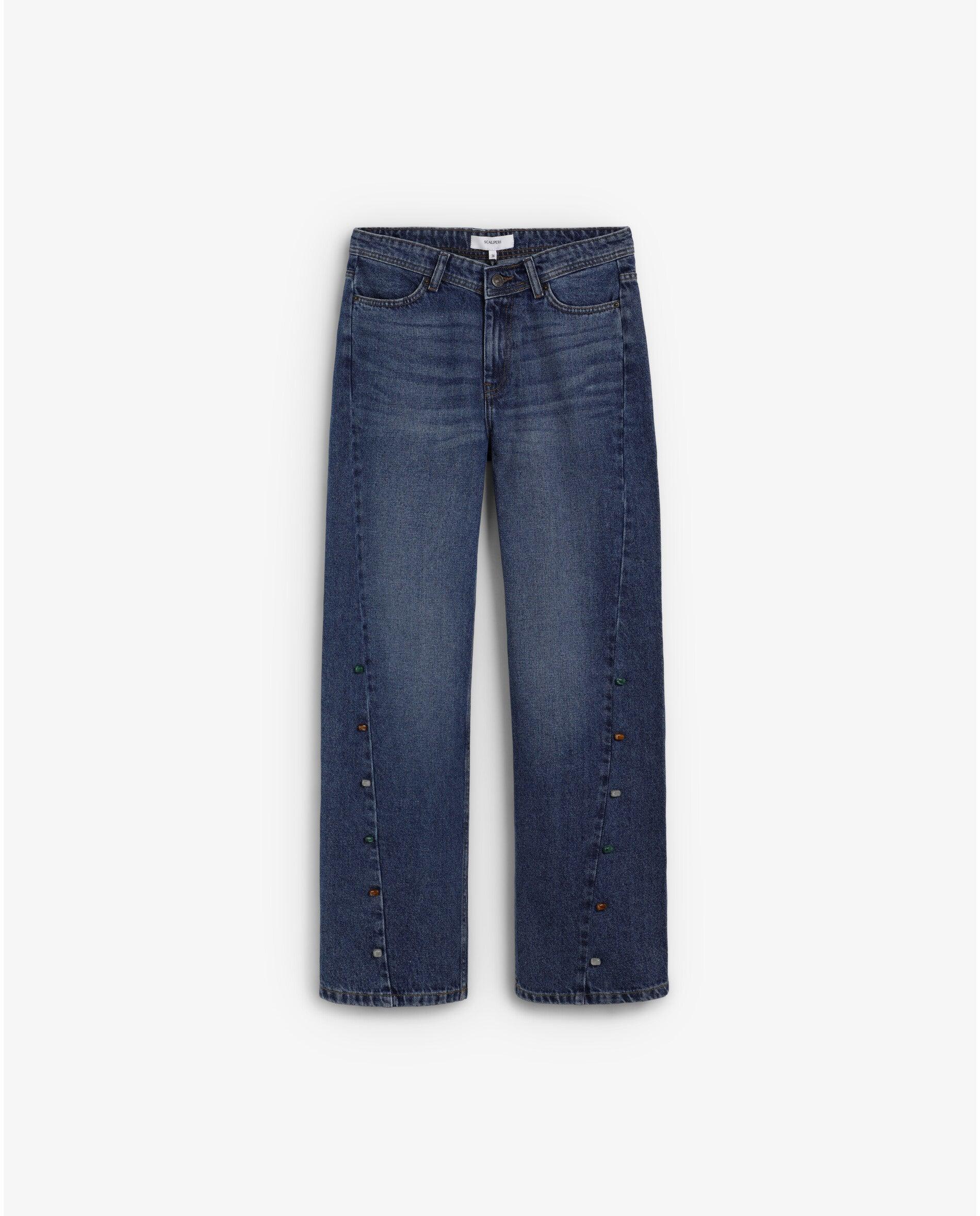 Jeans com Corte a Direito de Cintura Média com Aplicações Decorativas Azul-índigo-4