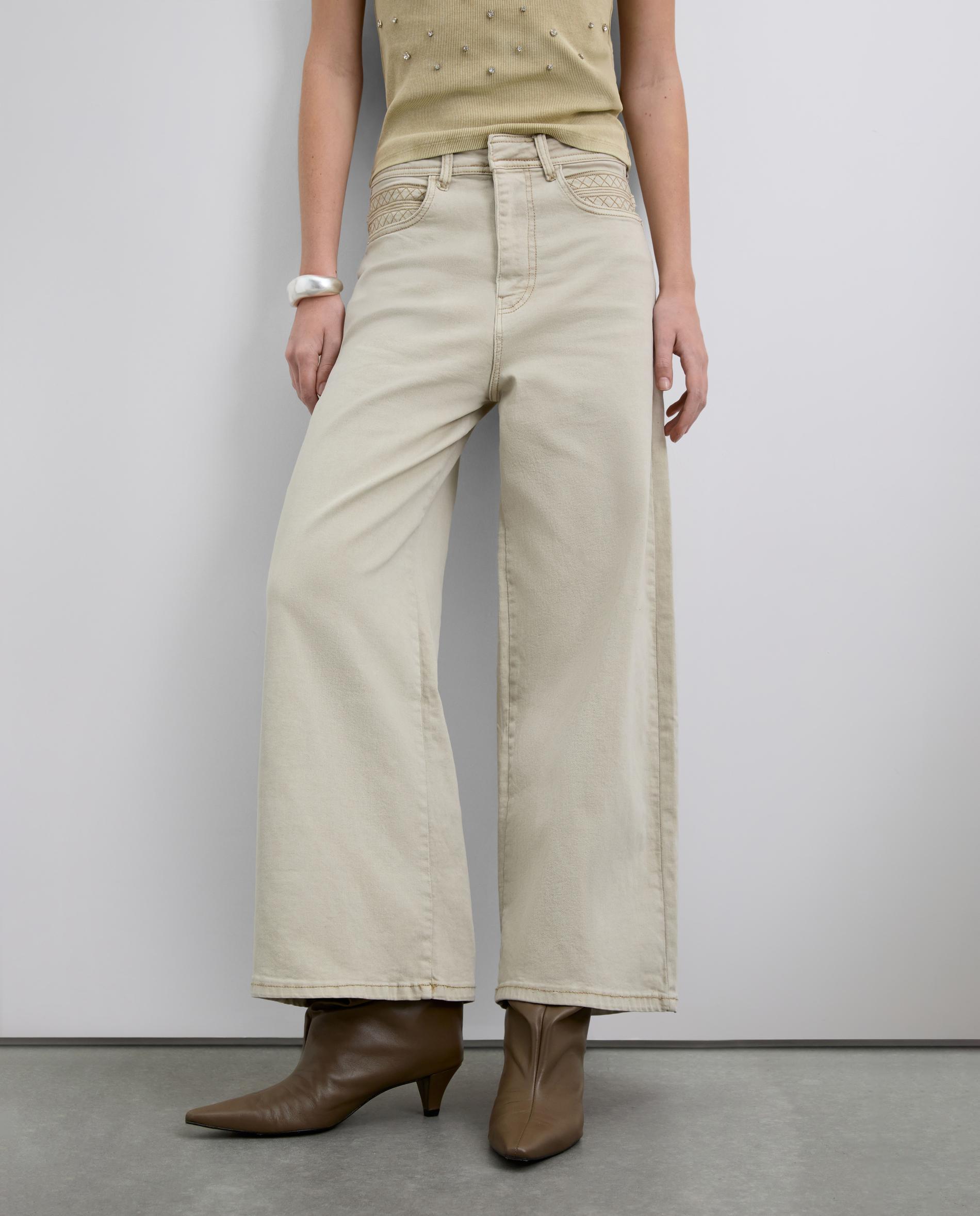 Jeans Largos Culotte com Detalhes Bordados Cru-2