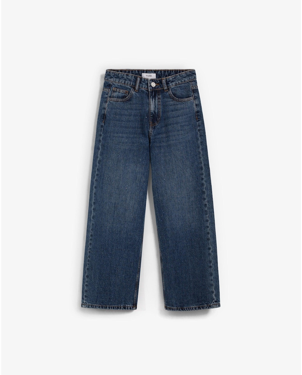 Jeans com Corte a Direito com Detalhe de Tachas Azul-índigo-1