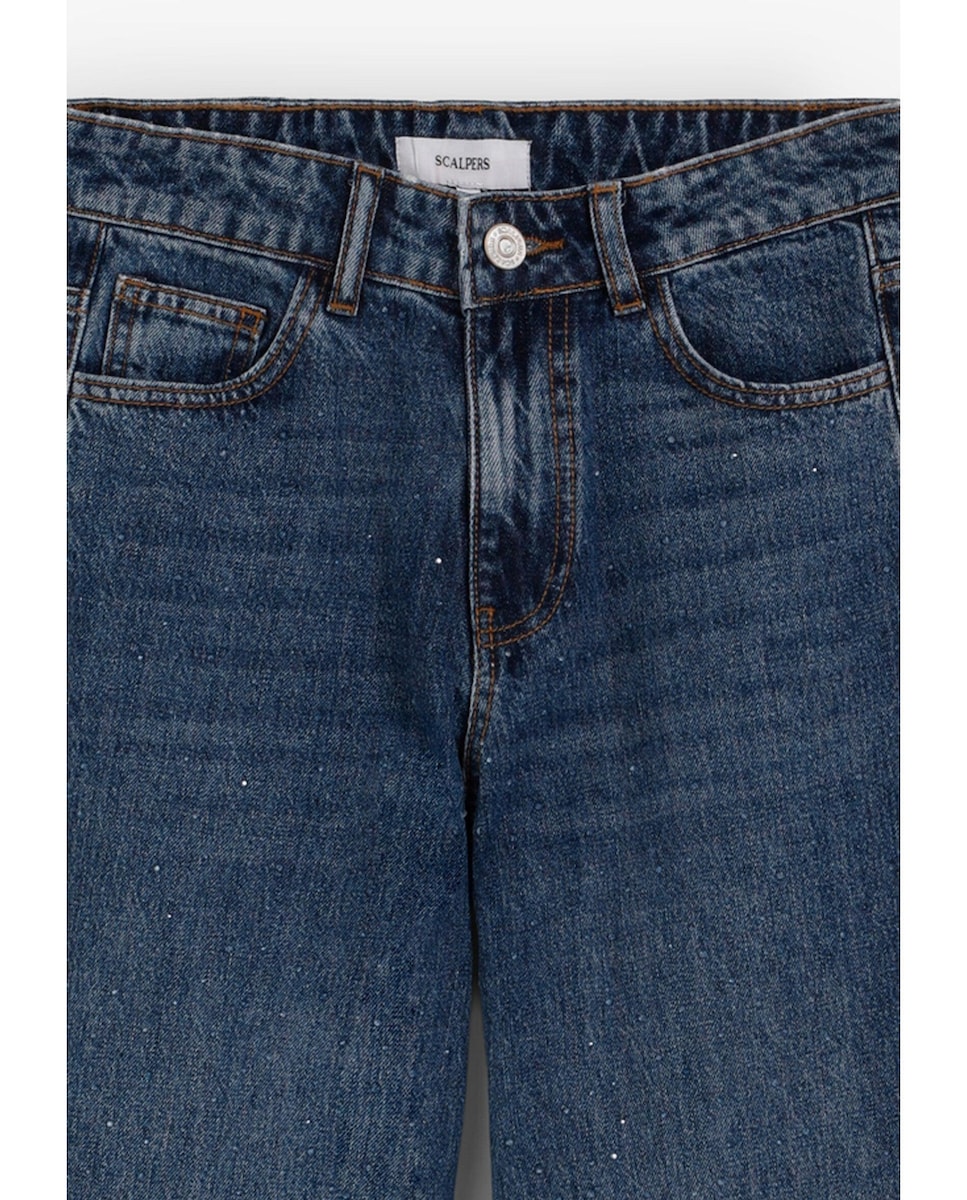 Jeans com Corte a Direito com Detalhe de Tachas Azul-índigo-3