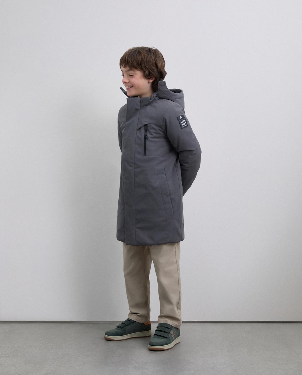 Parka Infantil com Capuz e Fecho Oculto Cinzento-escuro-1