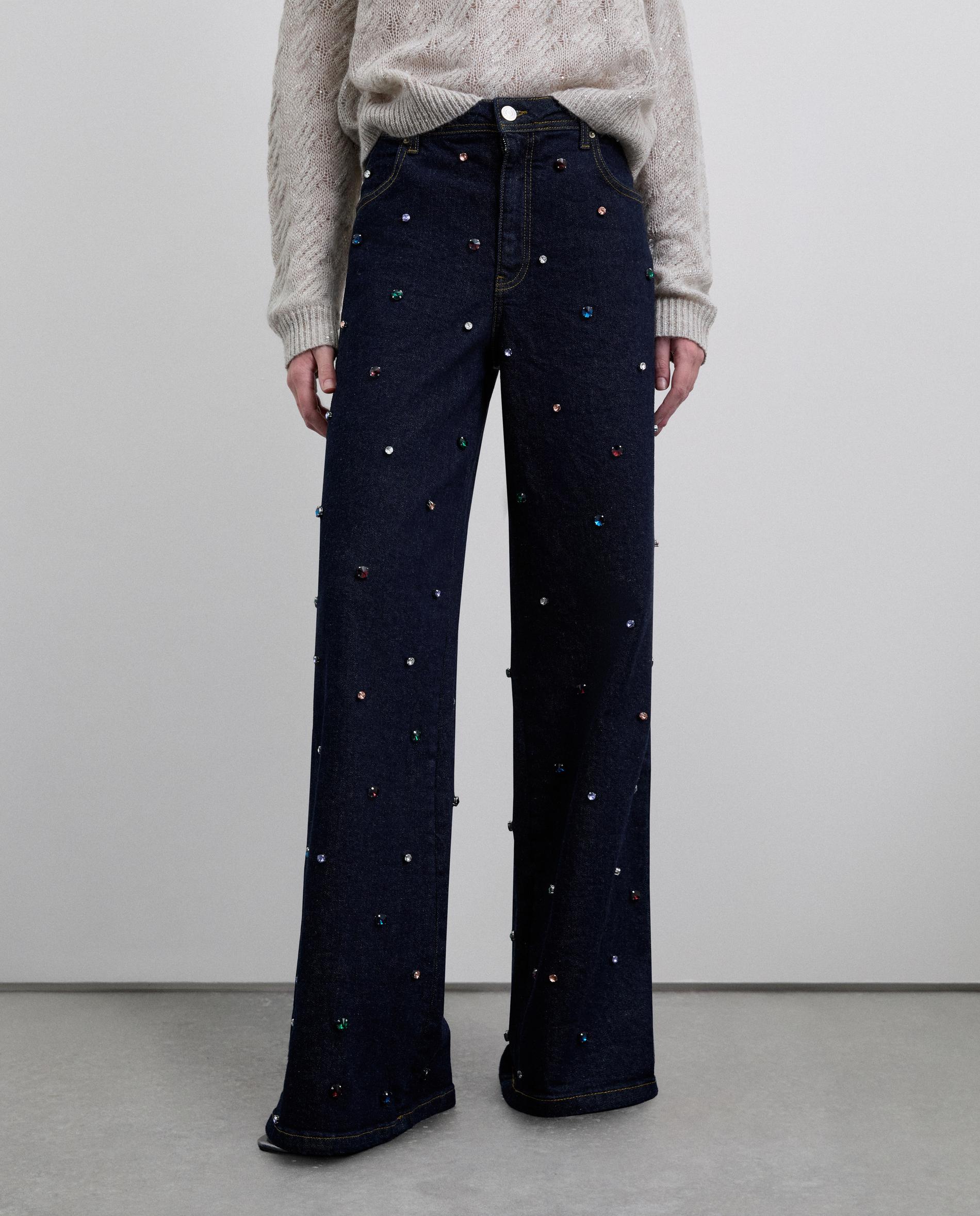 Jeans com Bordado Multicolor Azul-escuro-2