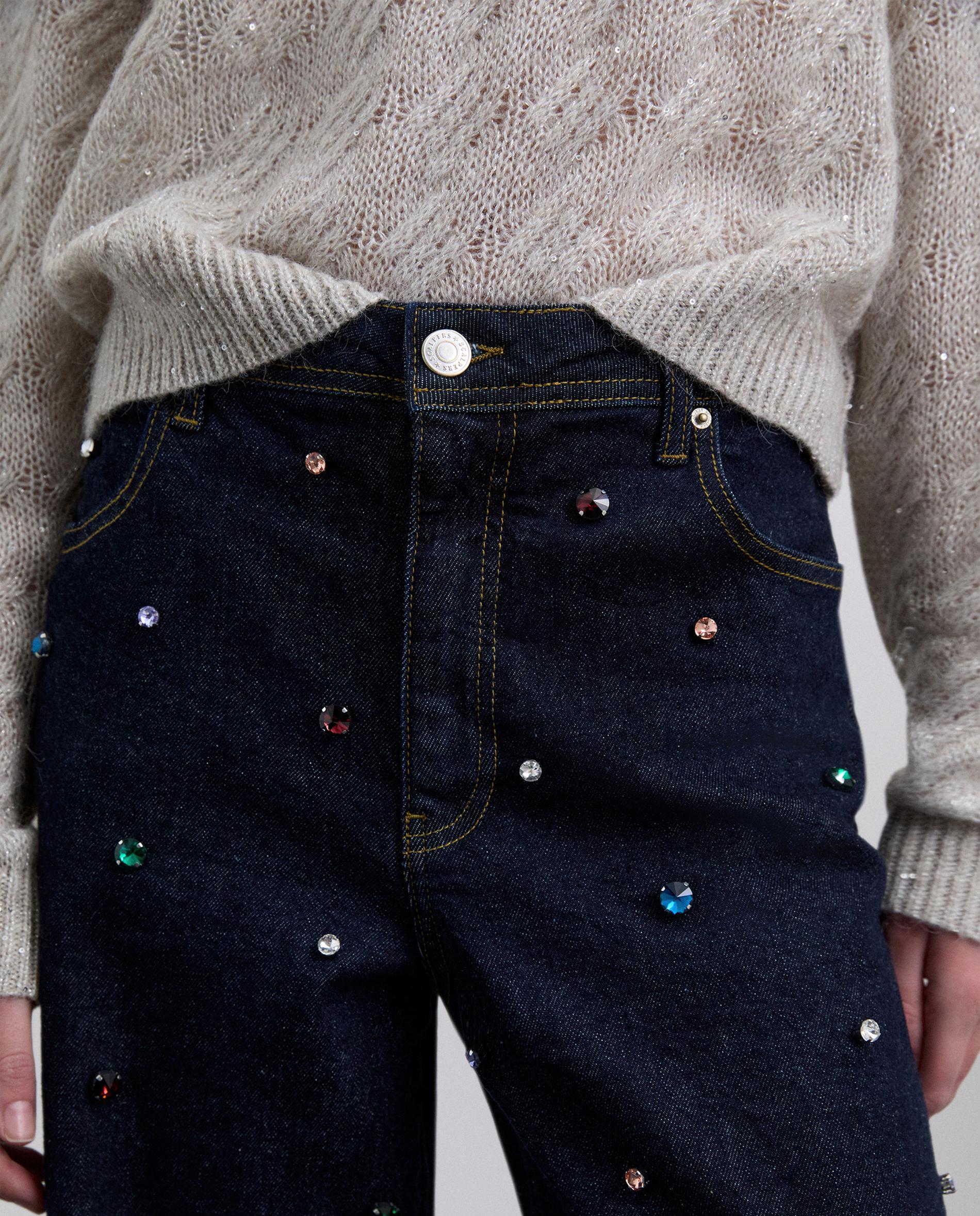 Jeans com Bordado Multicolor Azul-escuro-4