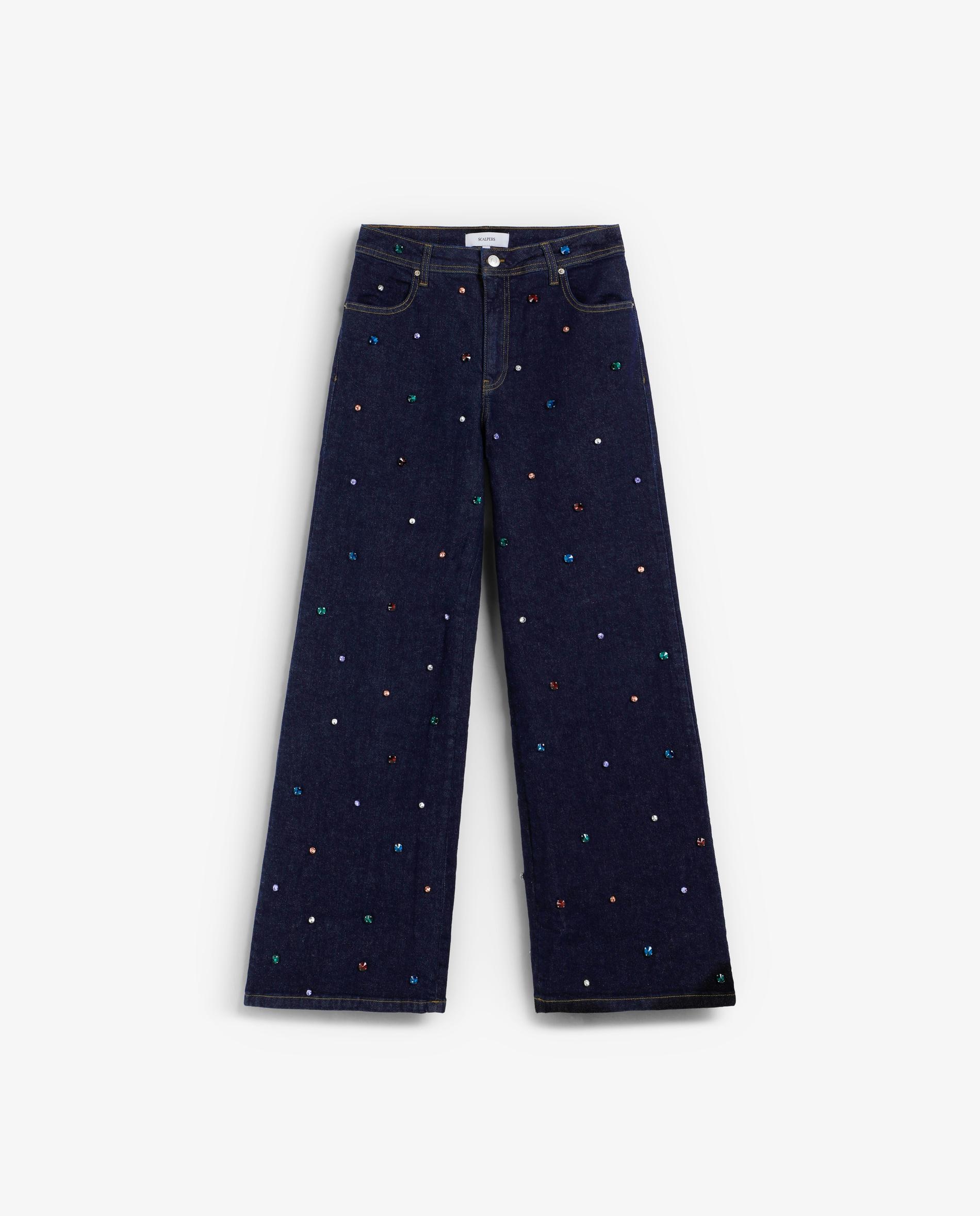 Jeans com Bordado Multicolor Azul-escuro-5