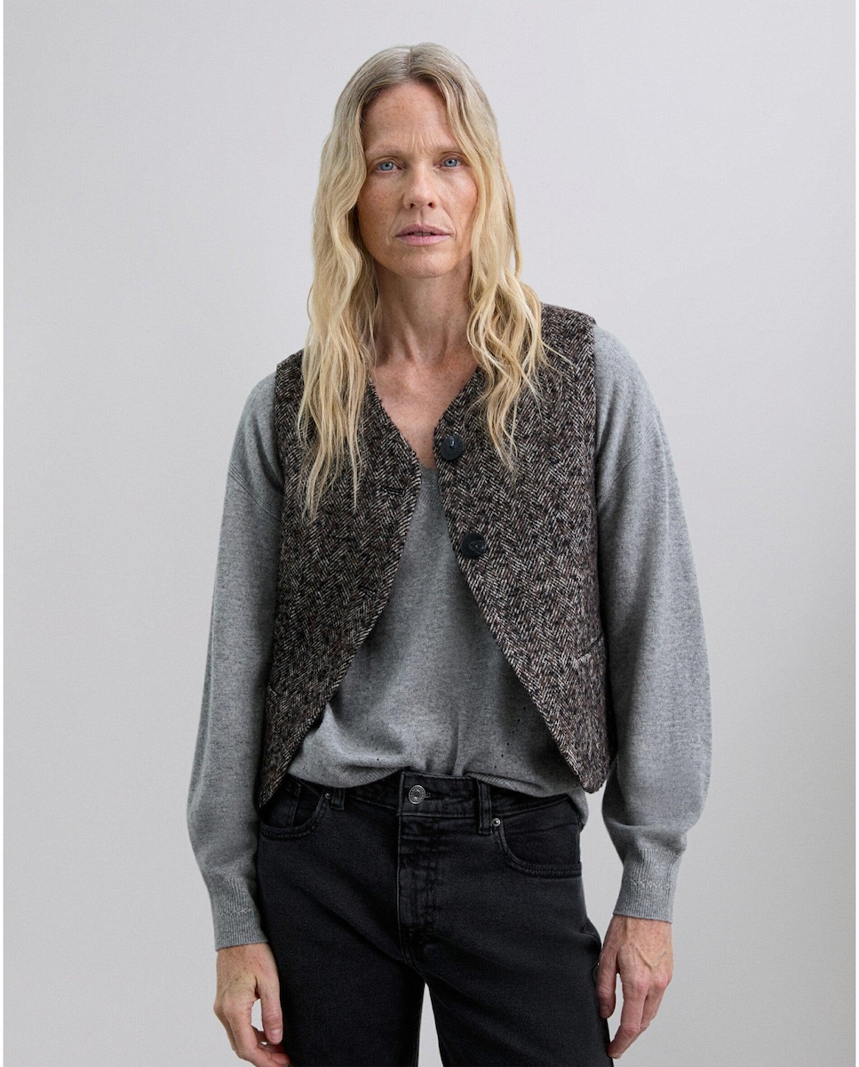 Colete com Golas em V e Fecho de Botões Cinzento-1