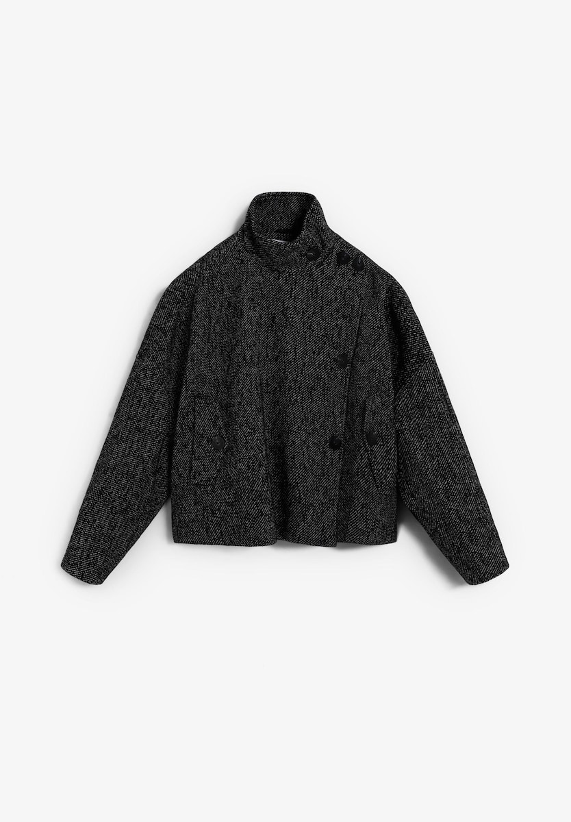 Casaco com Gola Alta e Fecho Cruzado com Botões Preto-1