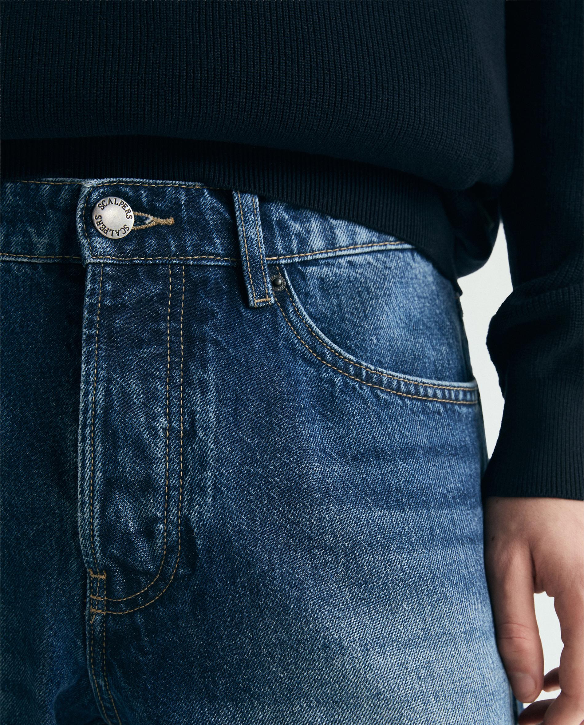 Jeans Relaxed Cinco Bolsos de Cintura Média Azul-escuro-4