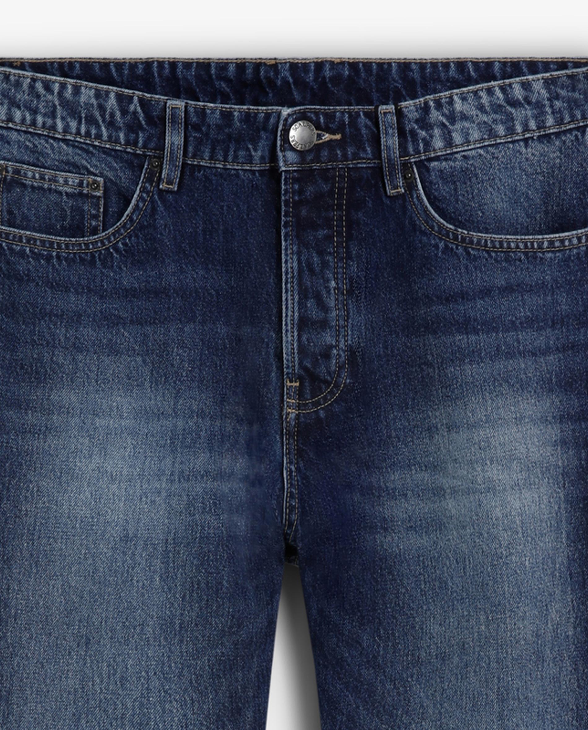 Jeans Relaxed Cinco Bolsos de Cintura Média Azul-escuro-7