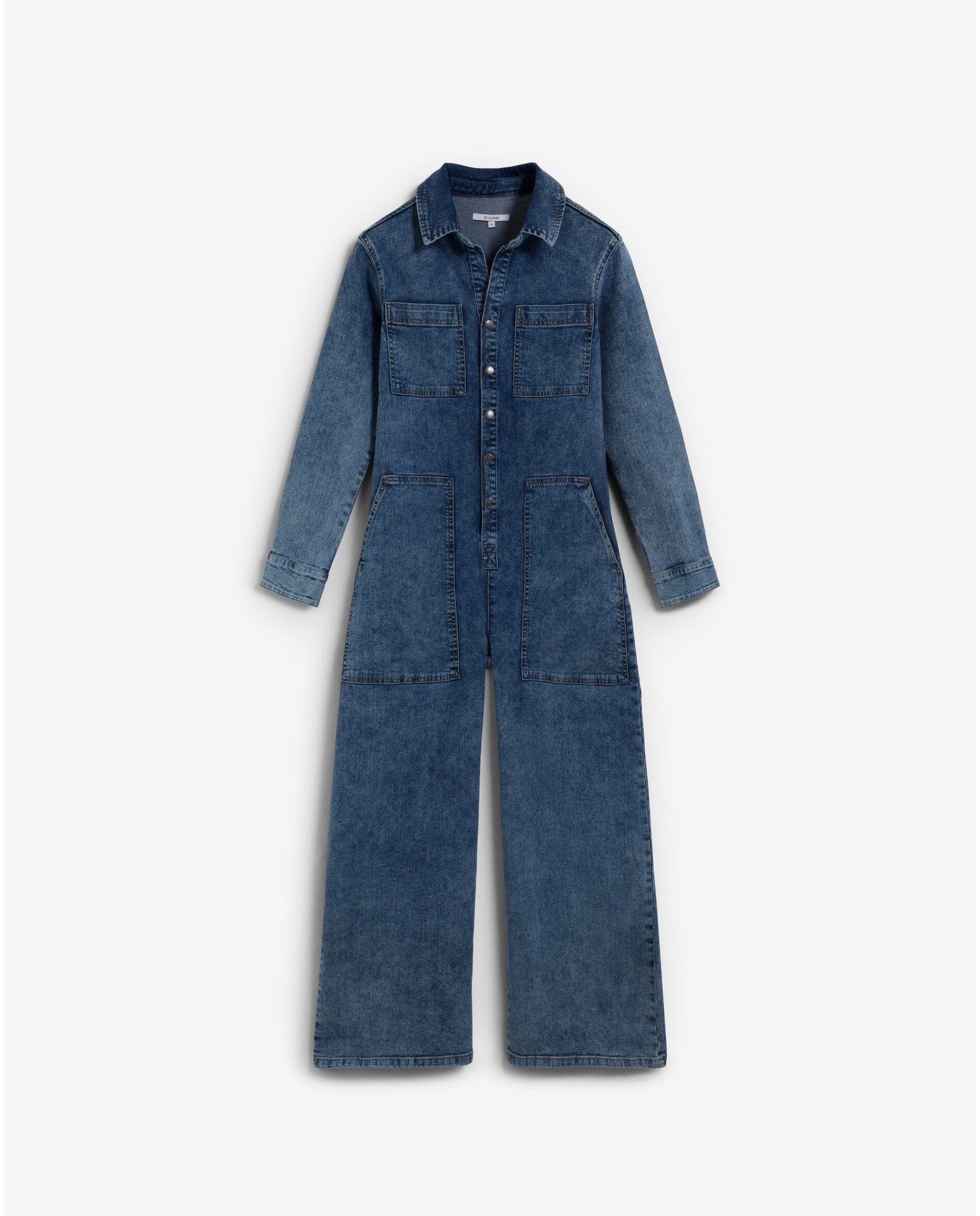 Imagem 0 de Macacão Jeans com Gola Tipo Camisa