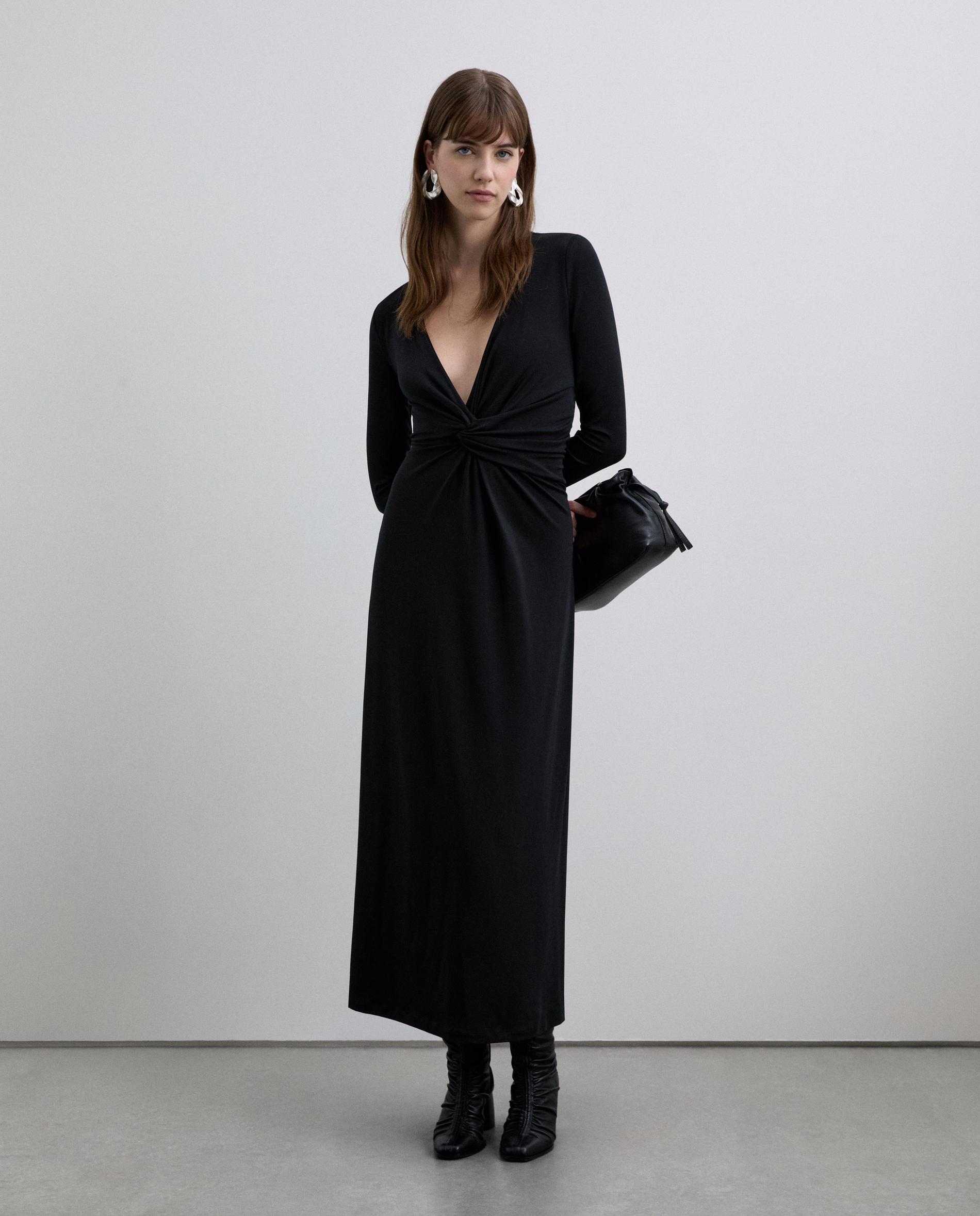 Vestido Midi de Manga Comprida com Nó Frontal Preto-1