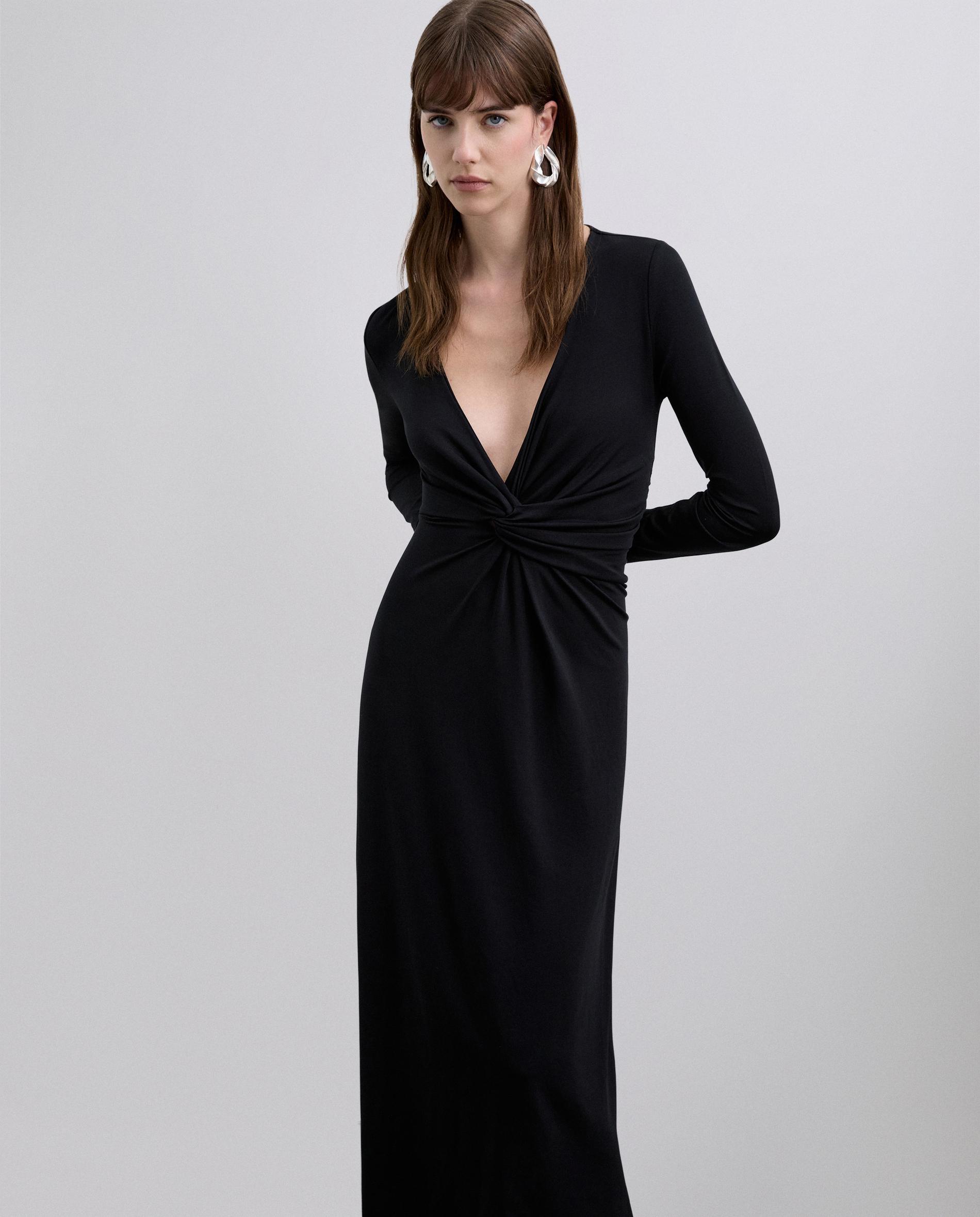 Vestido Midi de Manga Comprida com Nó Frontal Preto-2