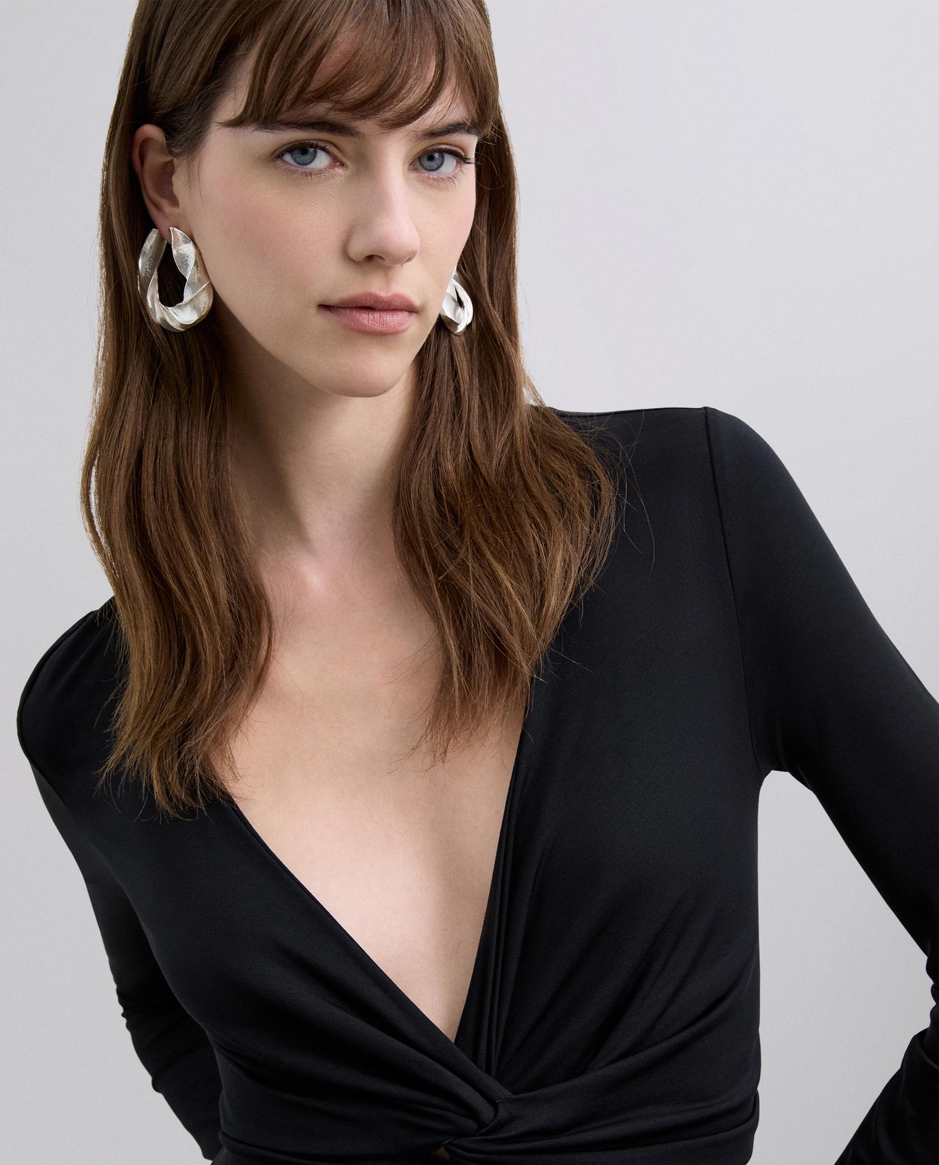 Vestido Midi de Manga Comprida com Nó Frontal Preto-4