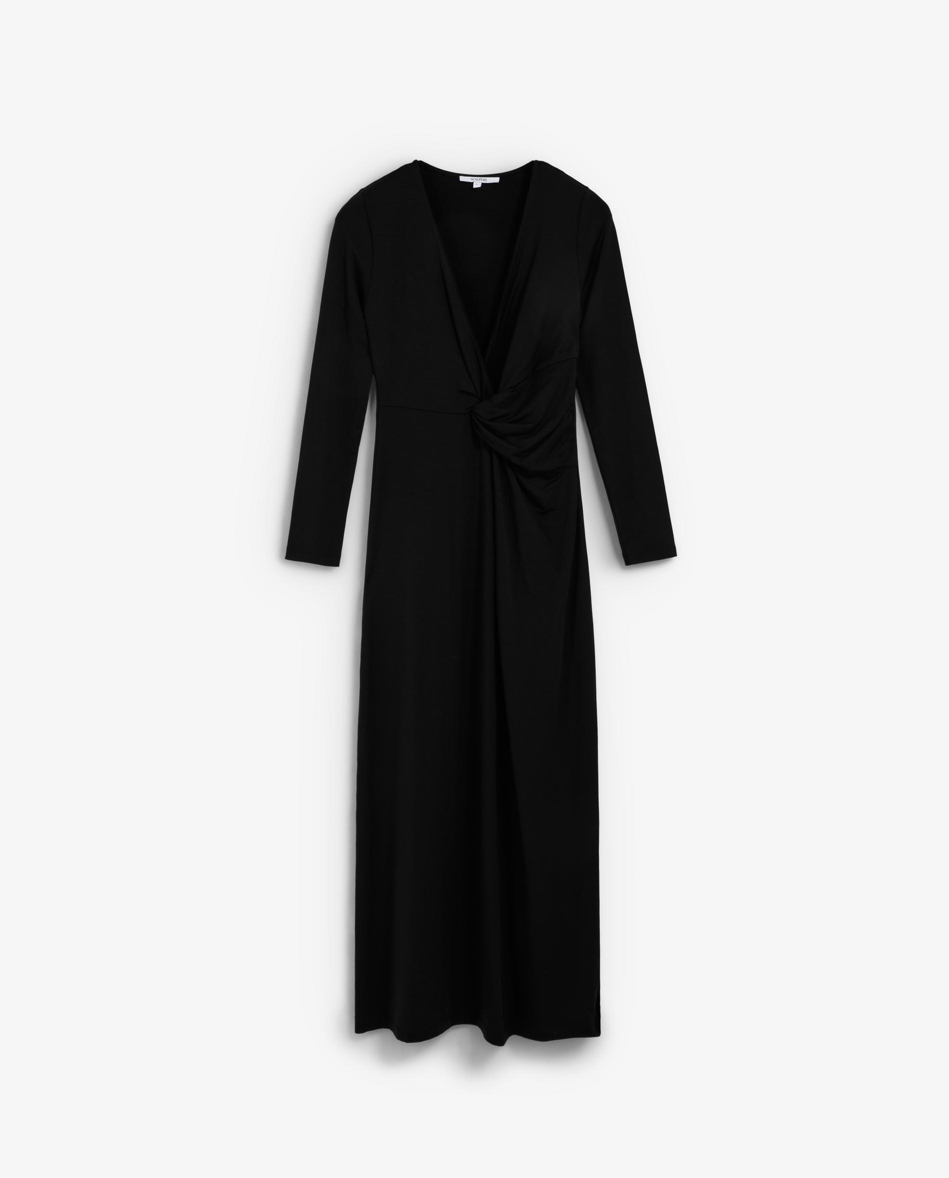 Vestido Midi de Manga Comprida com Nó Frontal Preto-5