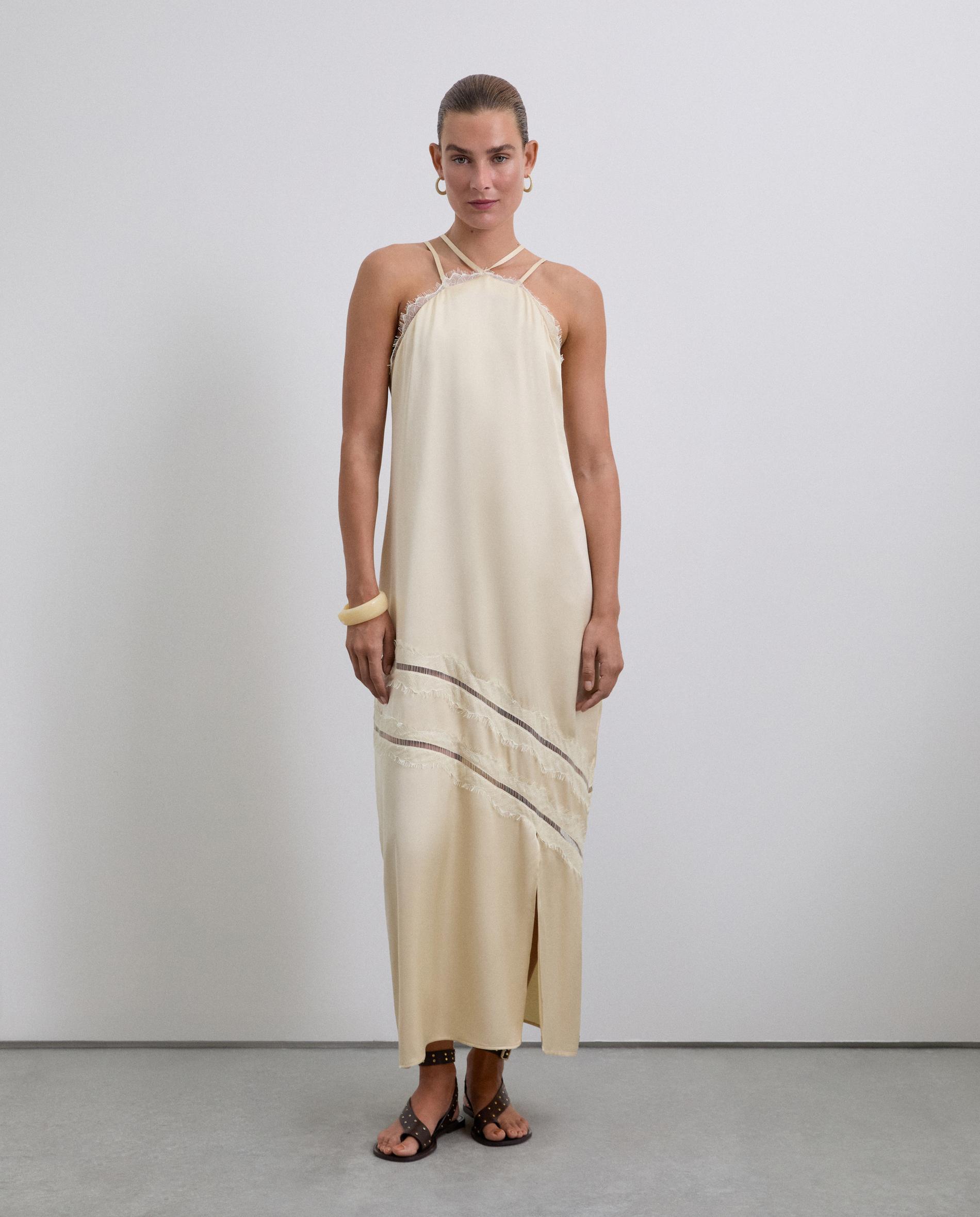 Vestido Acetinado de Alças com Detalhe de Renda Cru-1